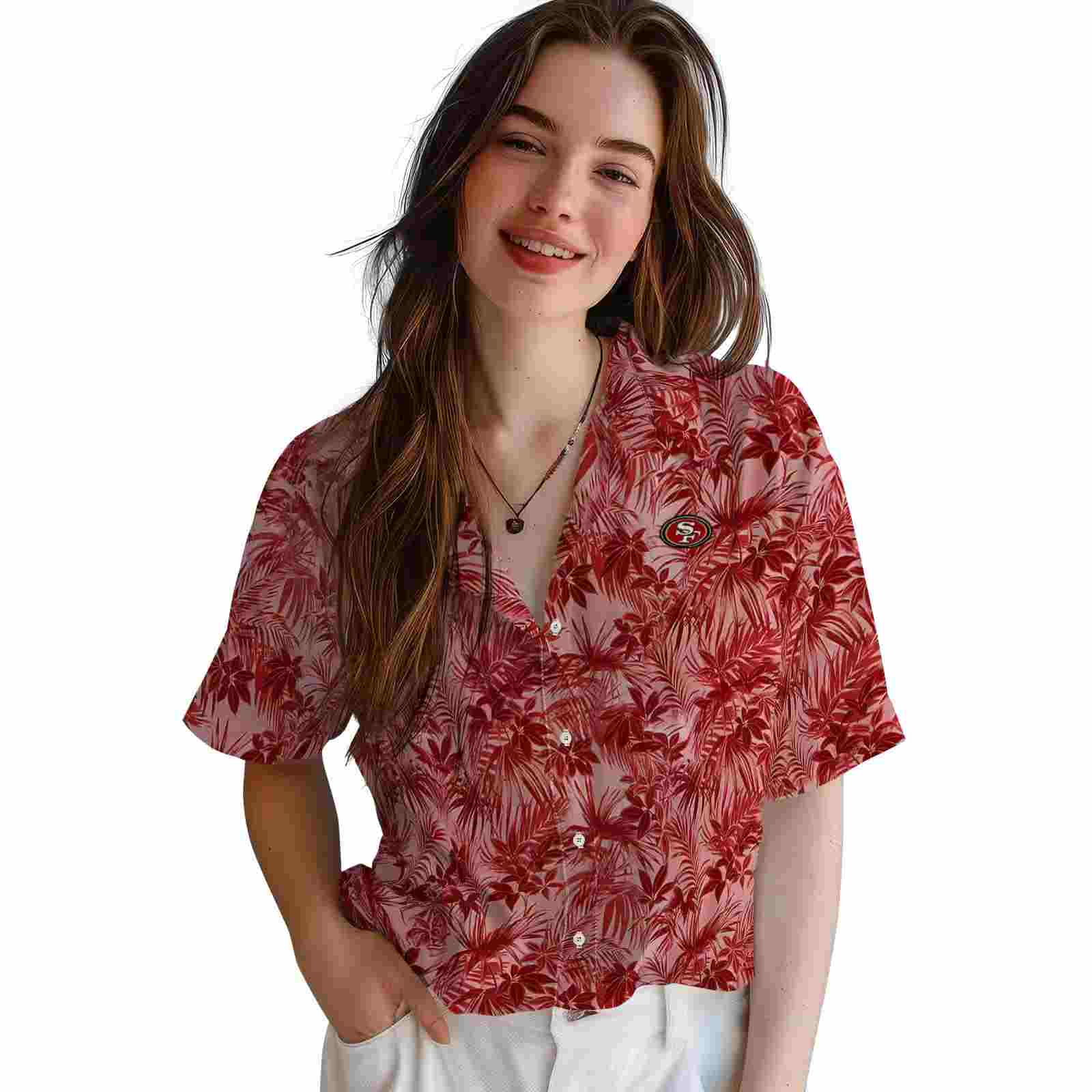 san francisco 49ers leafy pattern red hawaiian shirt latest model