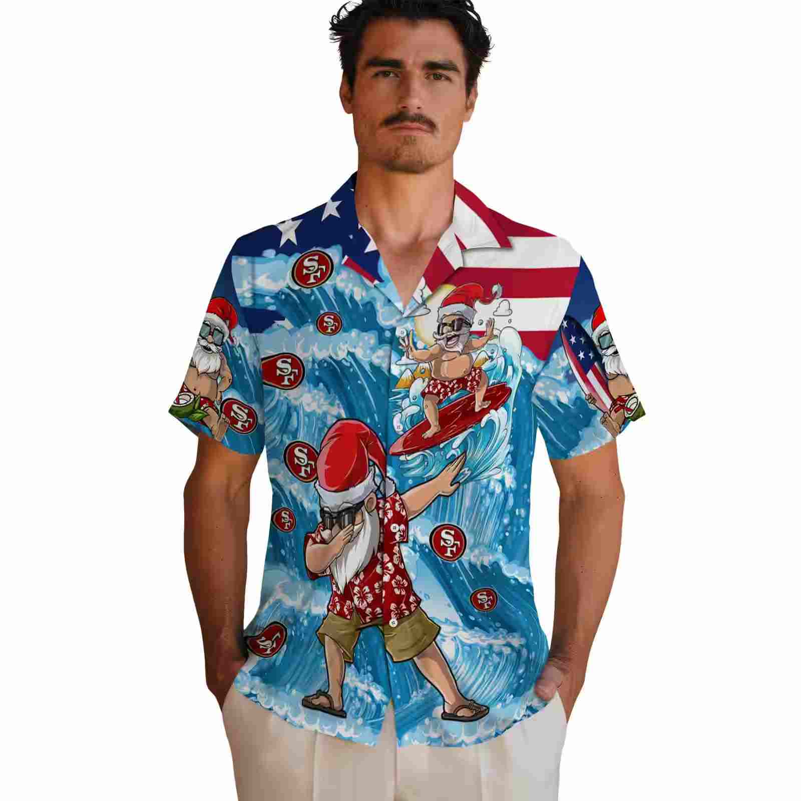 san francisco 49ers surfing santa blue hawaiian shirt fashion forward