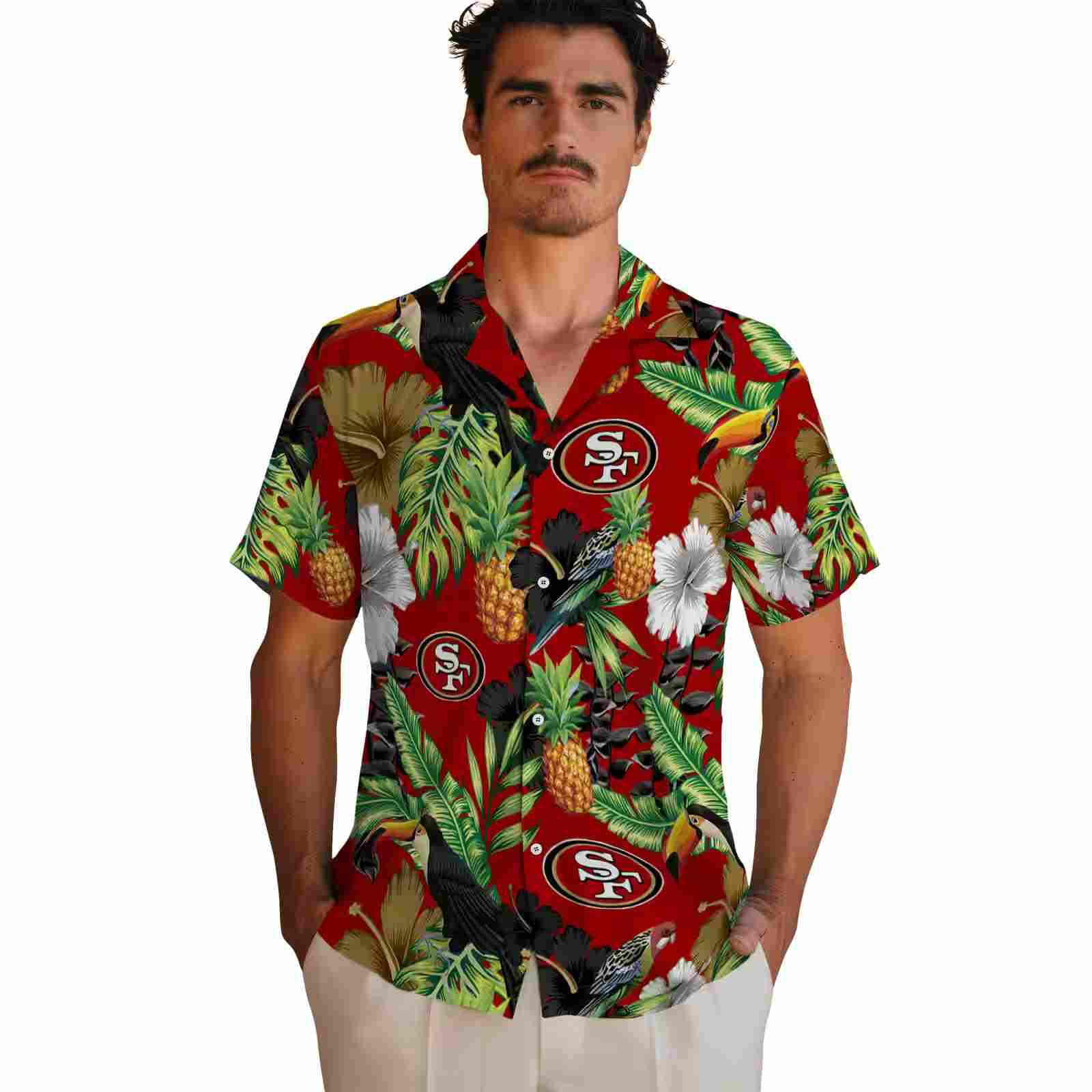 san francisco 49ers toucan hibiscus pineapple red green hawaiian shirt fashion forward