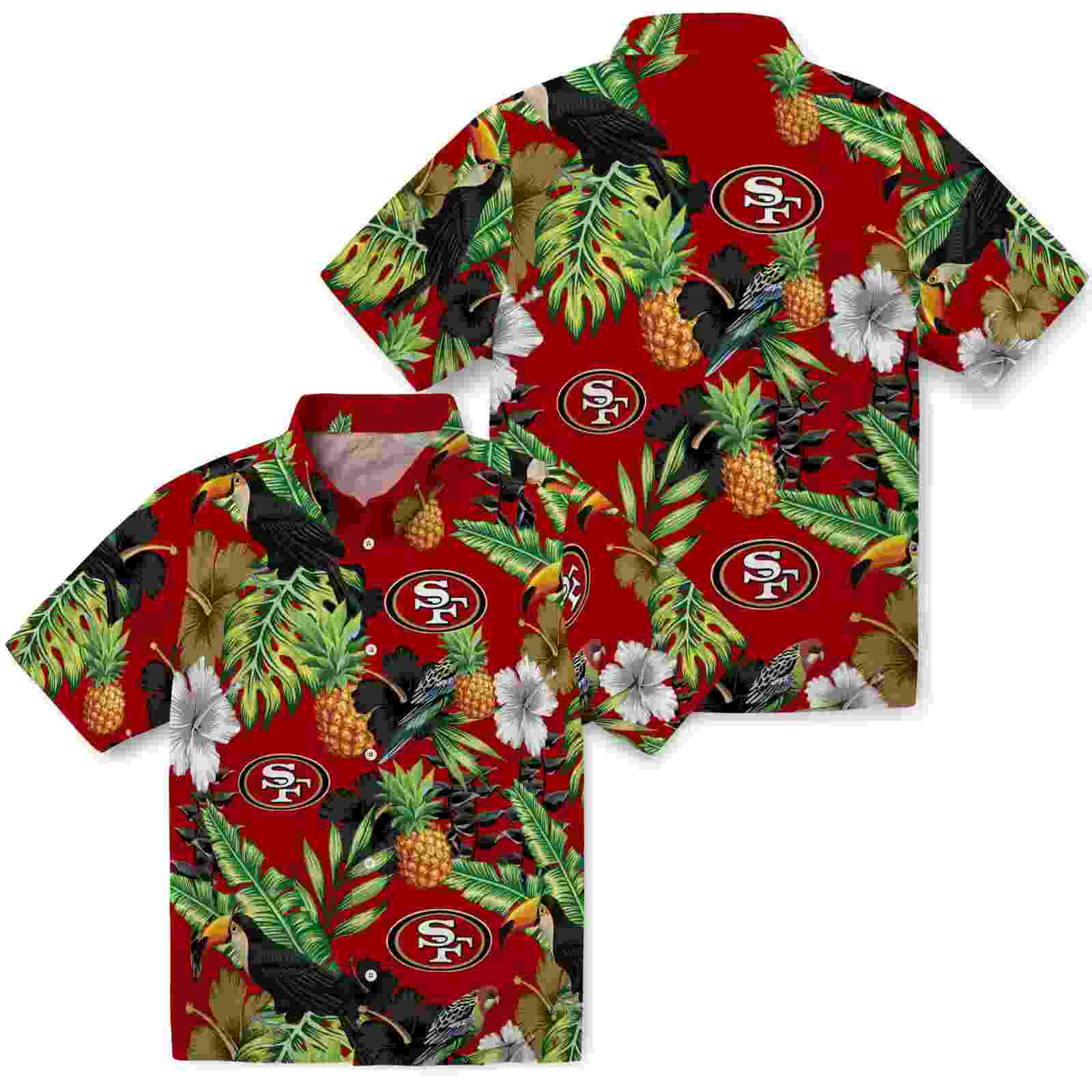 san francisco 49ers toucan hibiscus pineapple red green hawaiian shirt high quality