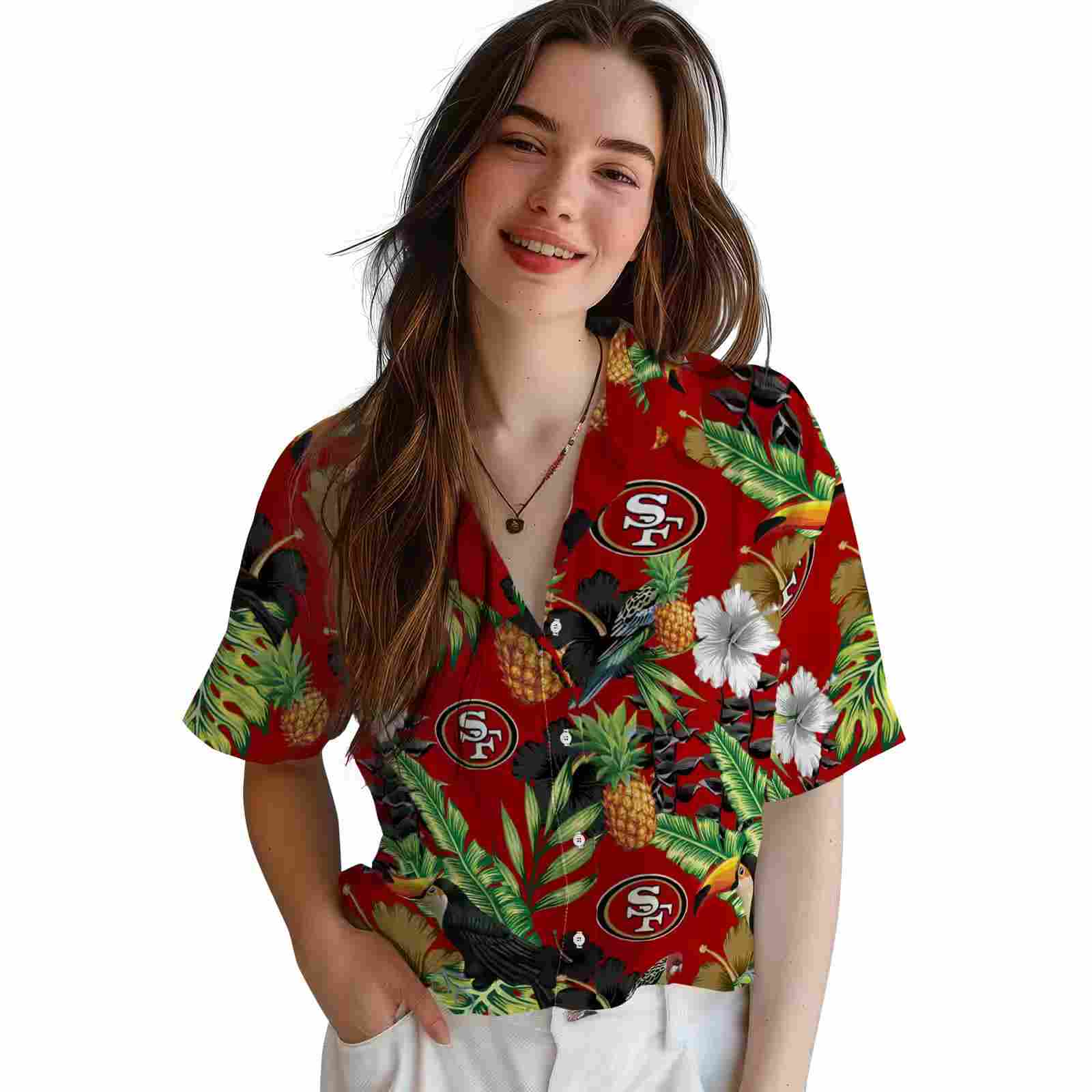 san francisco 49ers toucan hibiscus pineapple red green hawaiian shirt latest model