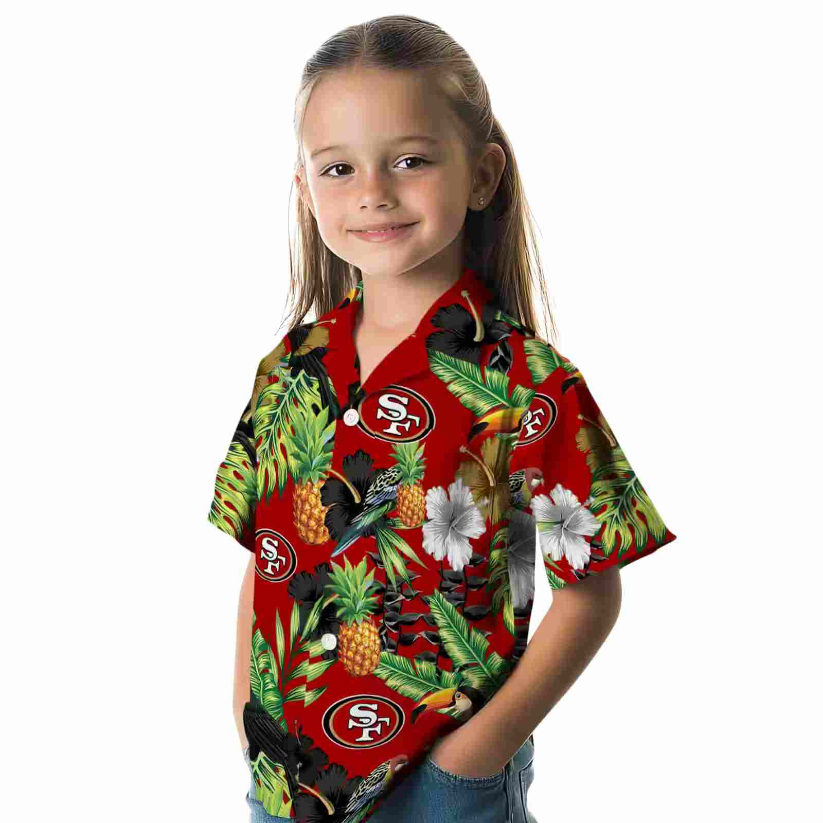 san francisco 49ers toucan hibiscus pineapple red green hawaiian shirt premium grade