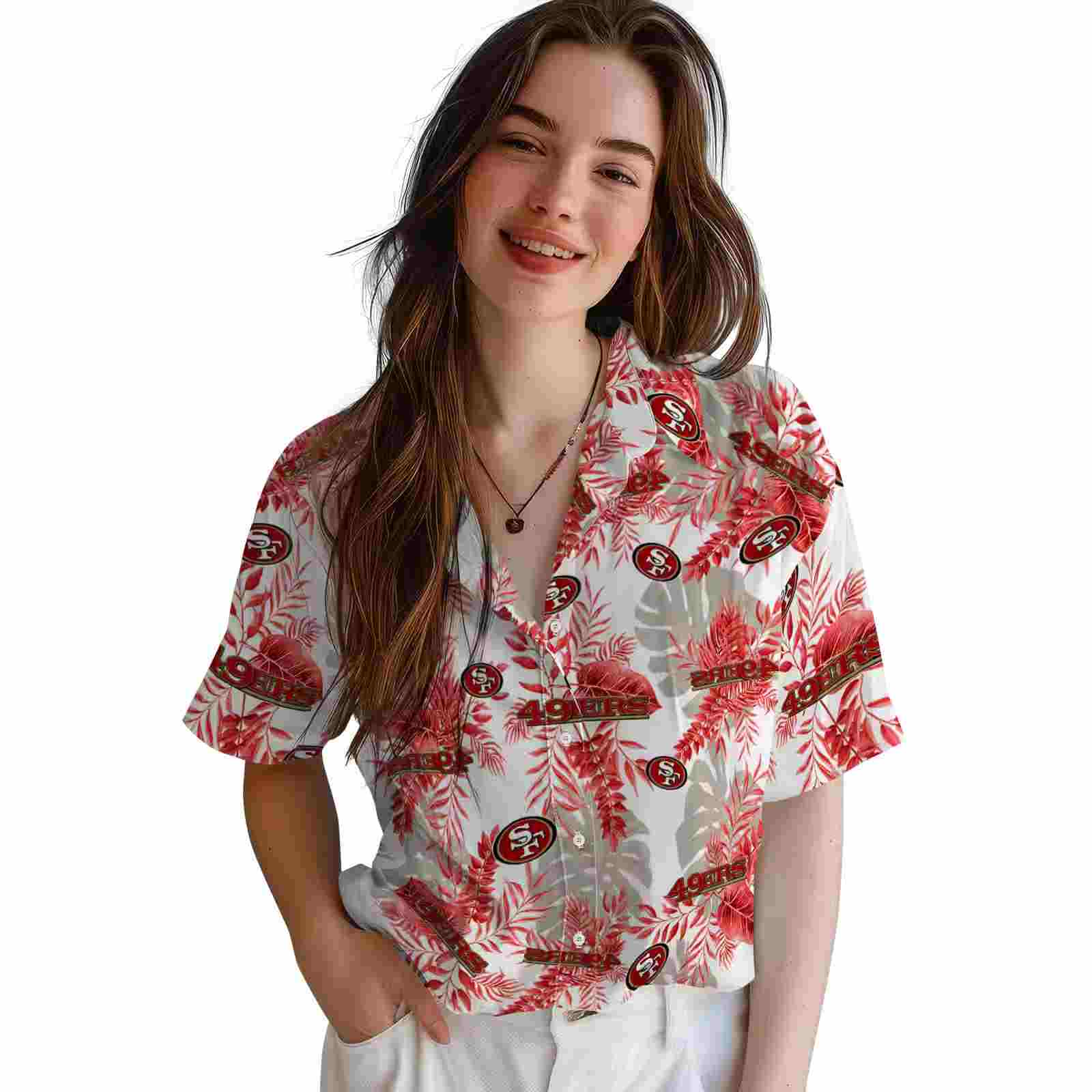 san francisco 49ers tropical leaves white hawaiian shirt latest model