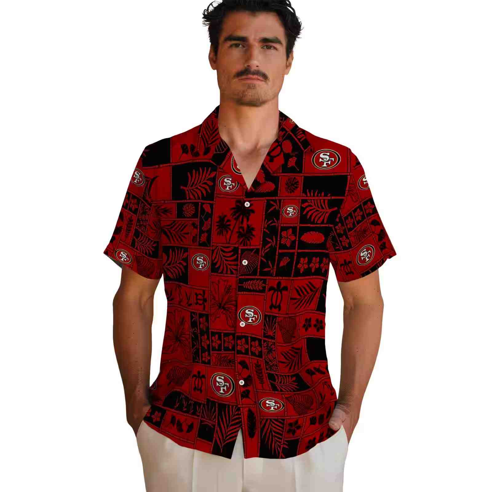 san francisco 49ers tropical patchwork red black hawaiian shirt fashion forward