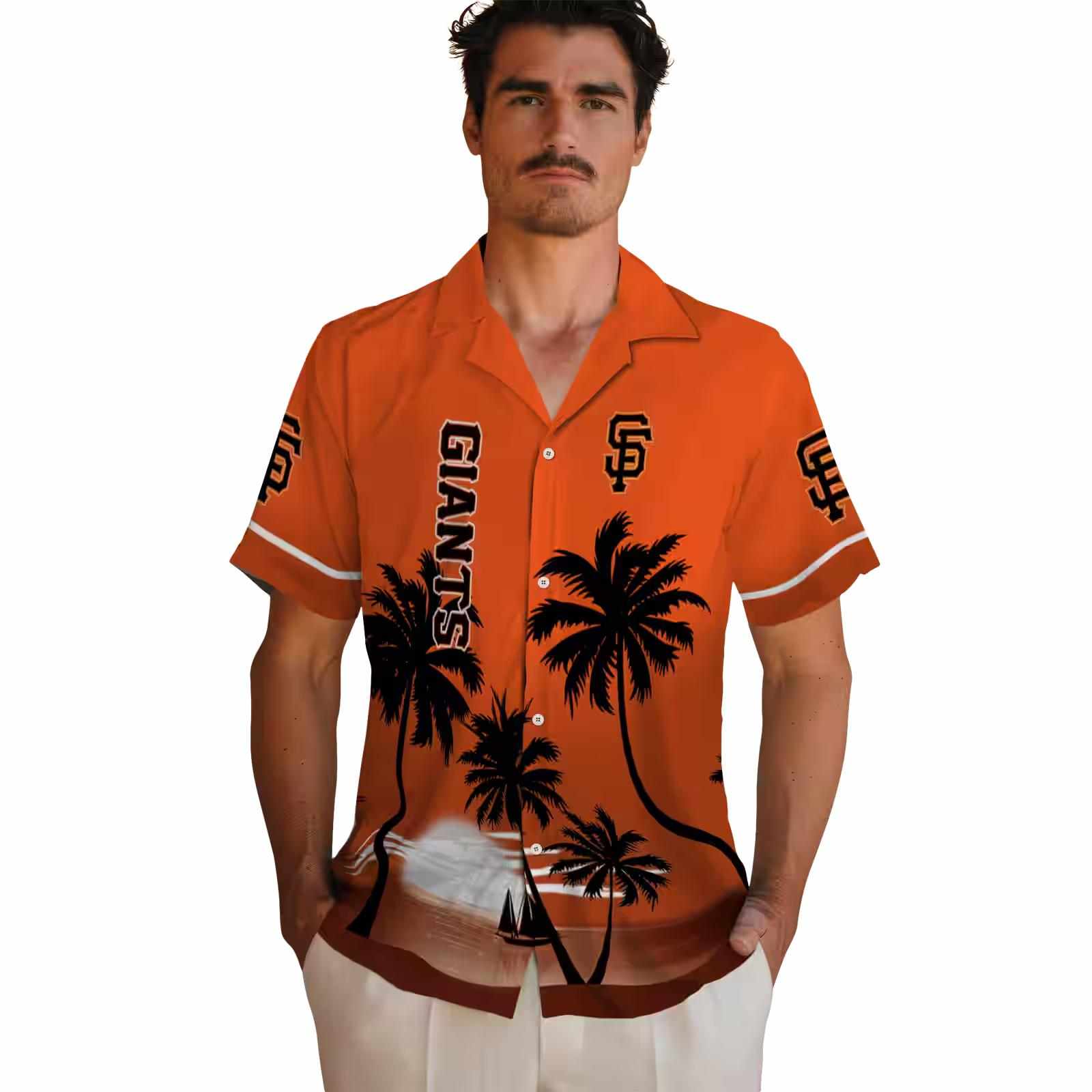 san francisco giants beach sunset orange black hawaiian shirt fashion forward