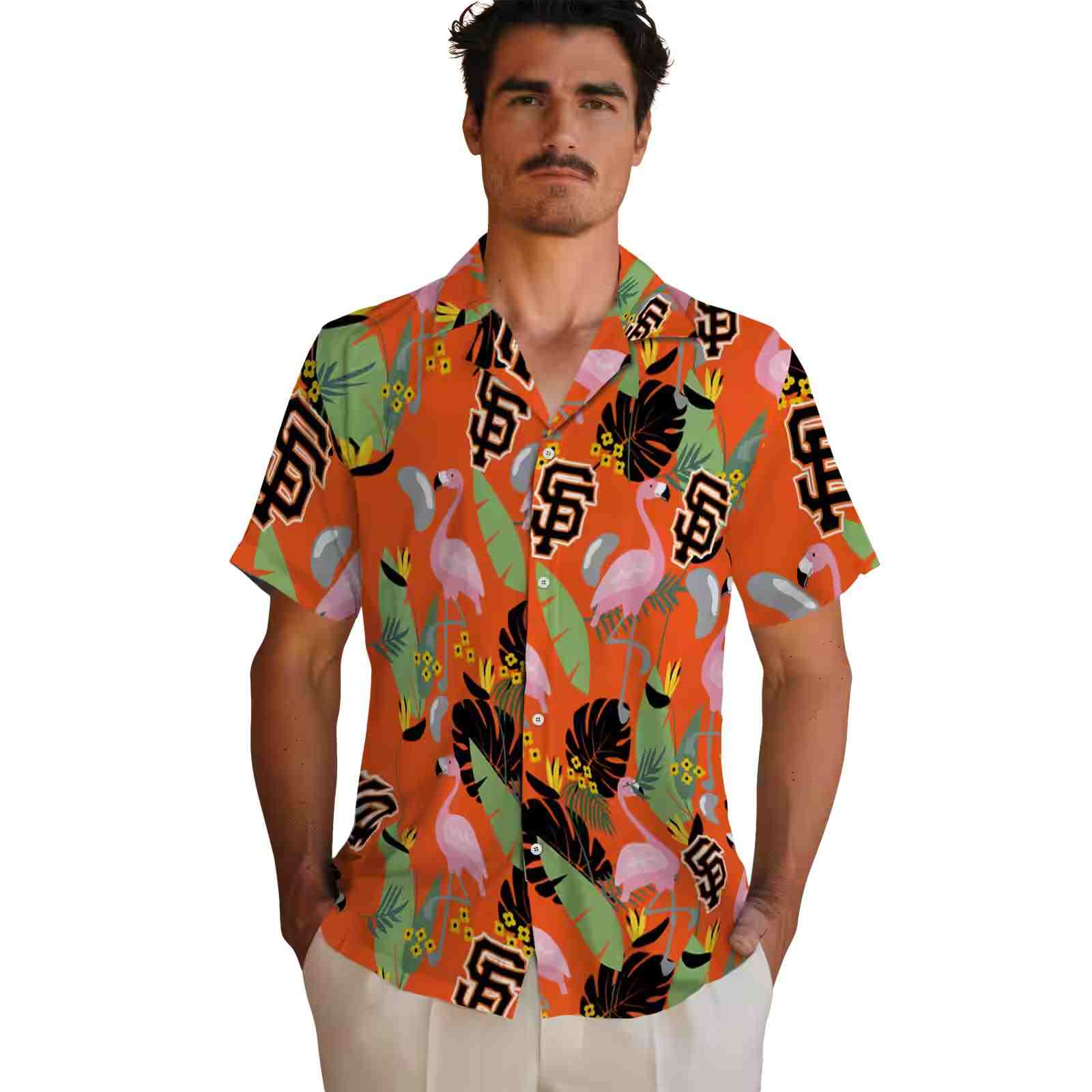 san francisco giants flamingo leaves orange hawaiian shirt fashion forward