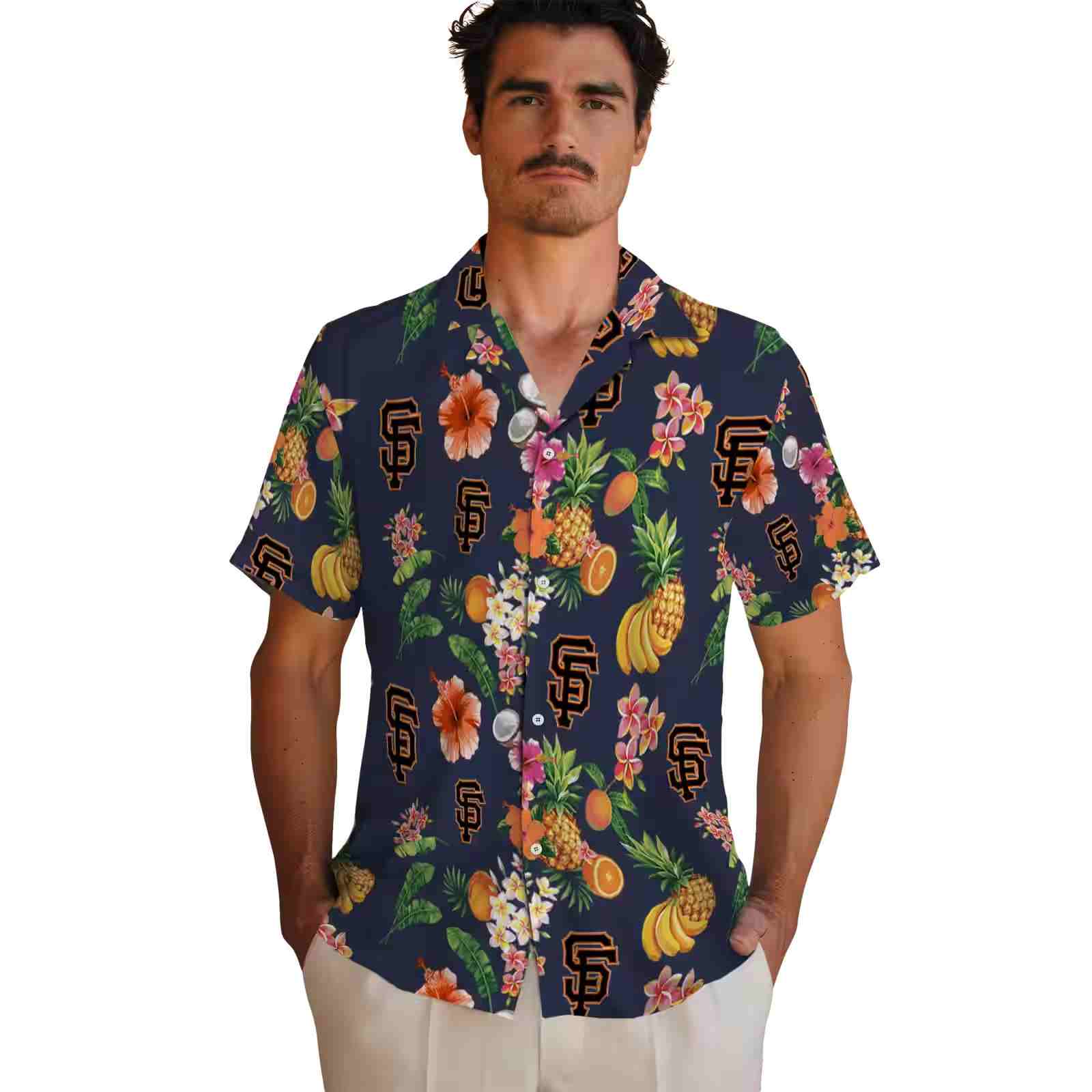 san francisco giants hibiscus and fruit navy blue hawaiian shirt fashion forward