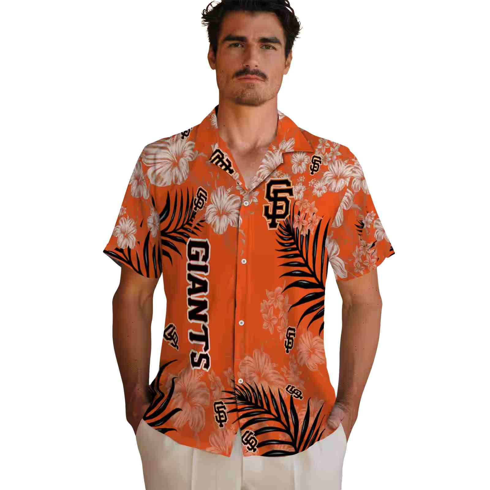 san francisco giants hibiscus print orange hawaiian shirt fashion forward