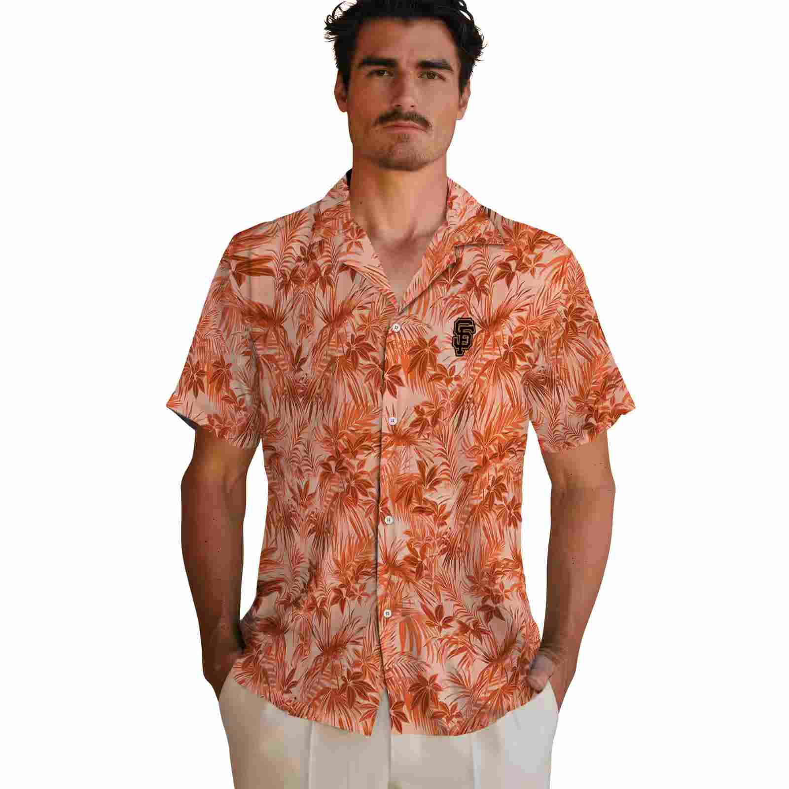 san francisco giants leafy pattern orange hawaiian shirt fashion forward