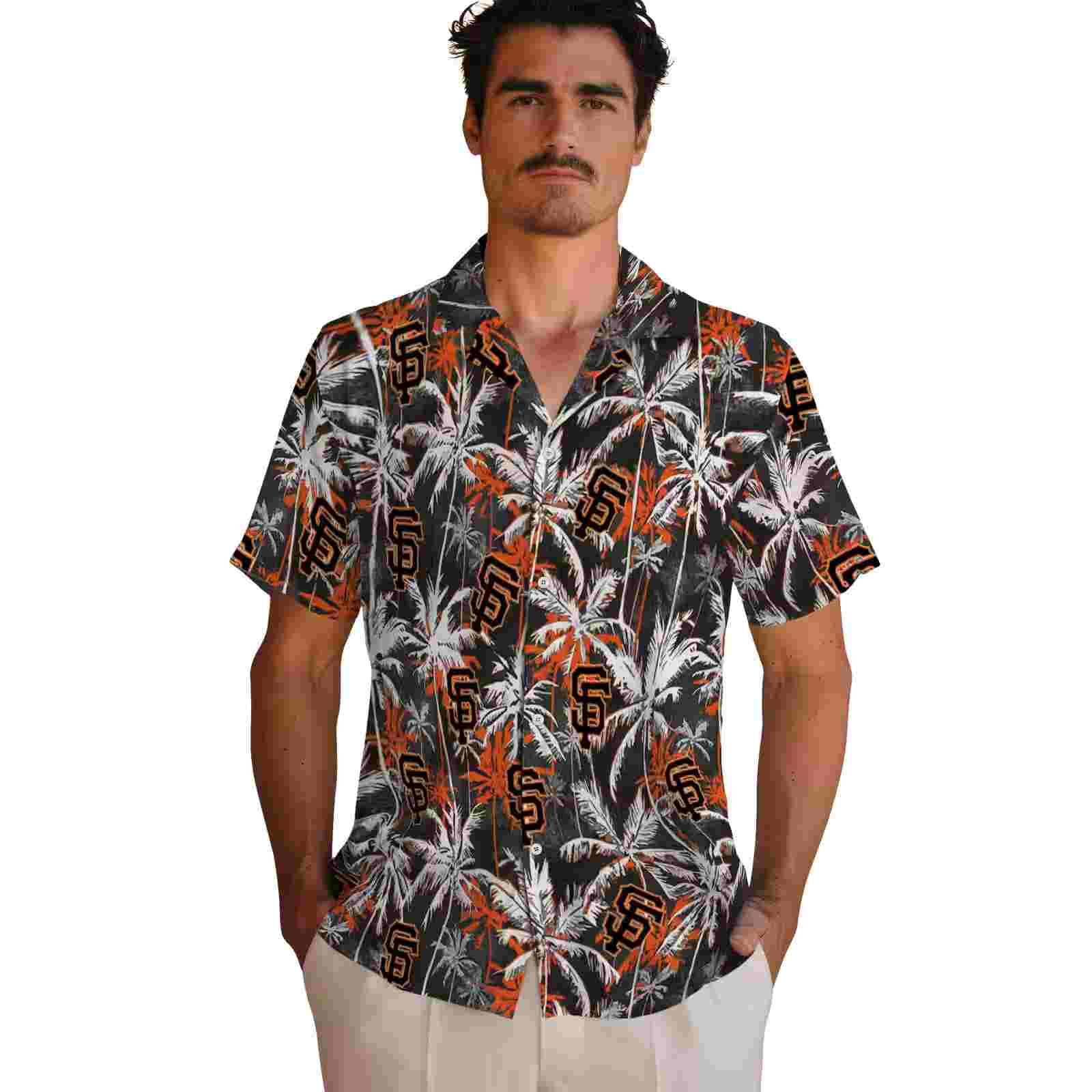 san francisco giants palm pattern orange black hawaiian shirt fashion forward