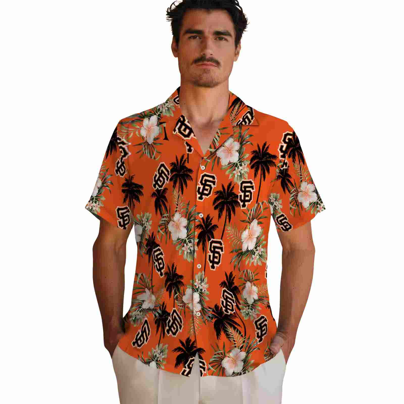 san francisco giants palm tree flower orange hawaiian shirt fashion forward