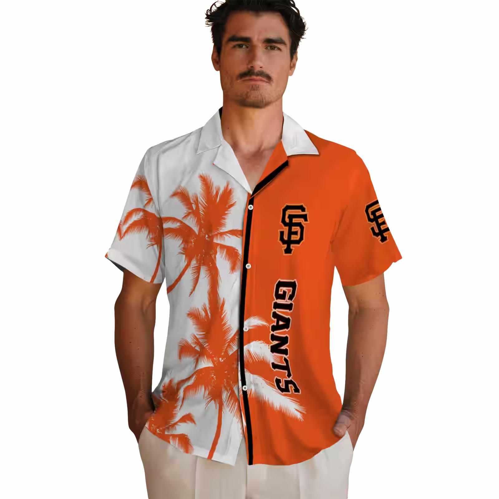 san francisco giants palm trees orange white hawaiian shirt fashion forward