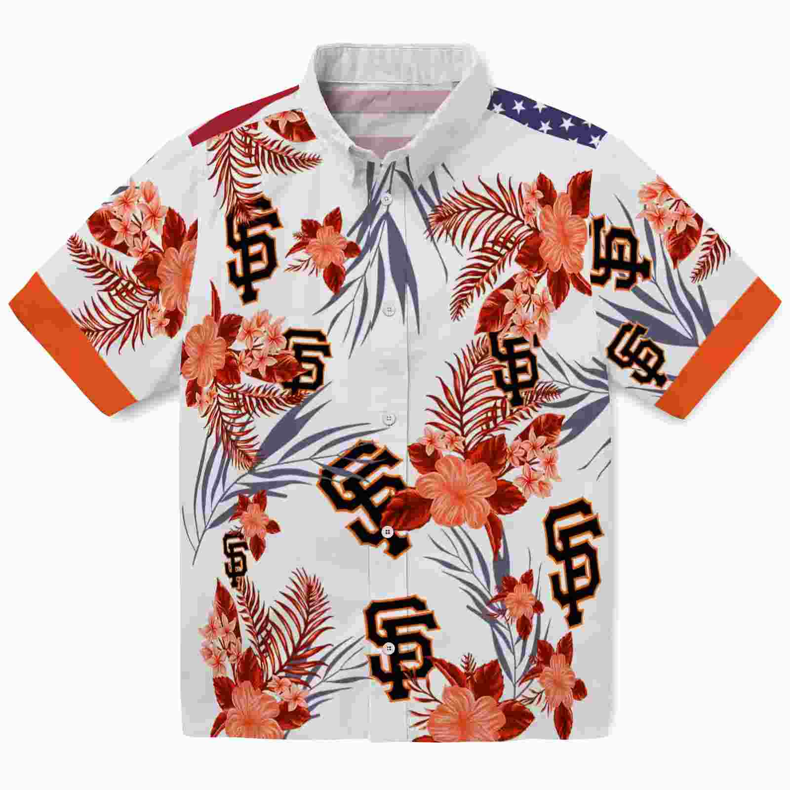 San Francisco Giants Patriotic Hibiscus Design Orange White Hawaiian Shirt