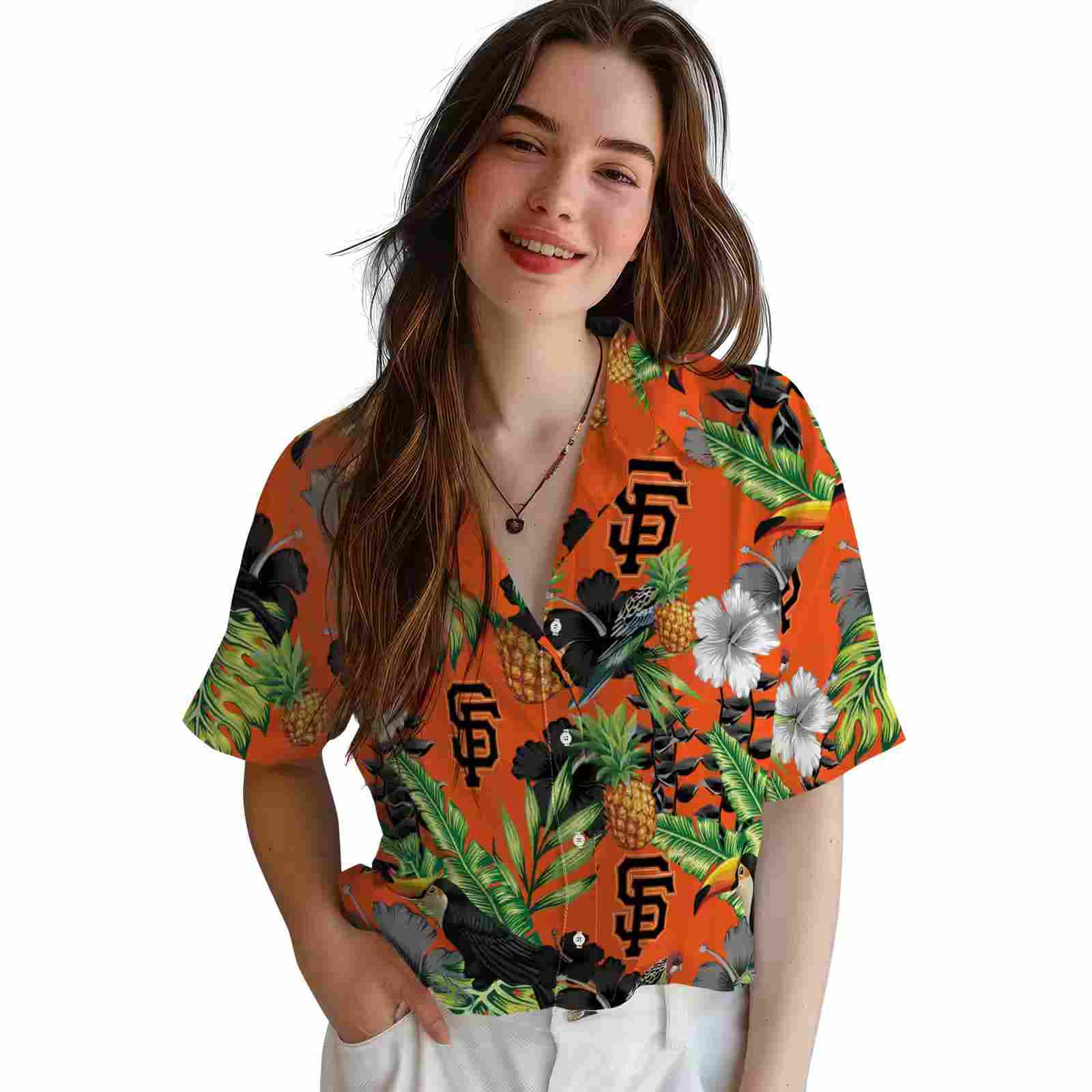 san francisco giants toucan hibiscus pineapple orange green hawaiian shirt latest model