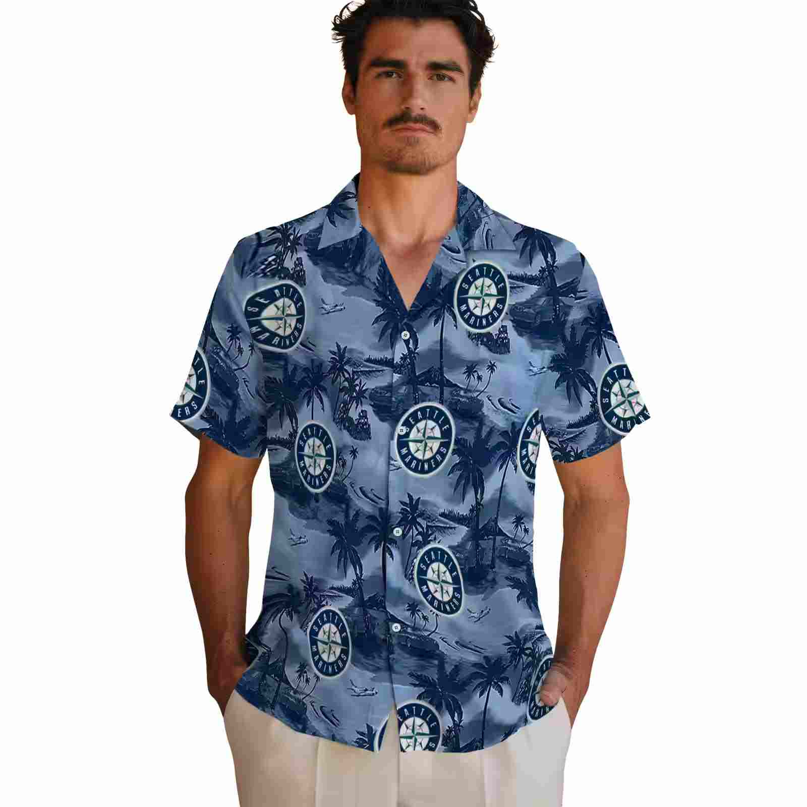 seattle mariners coastal palms navy blue hawaiian shirt fashion forward