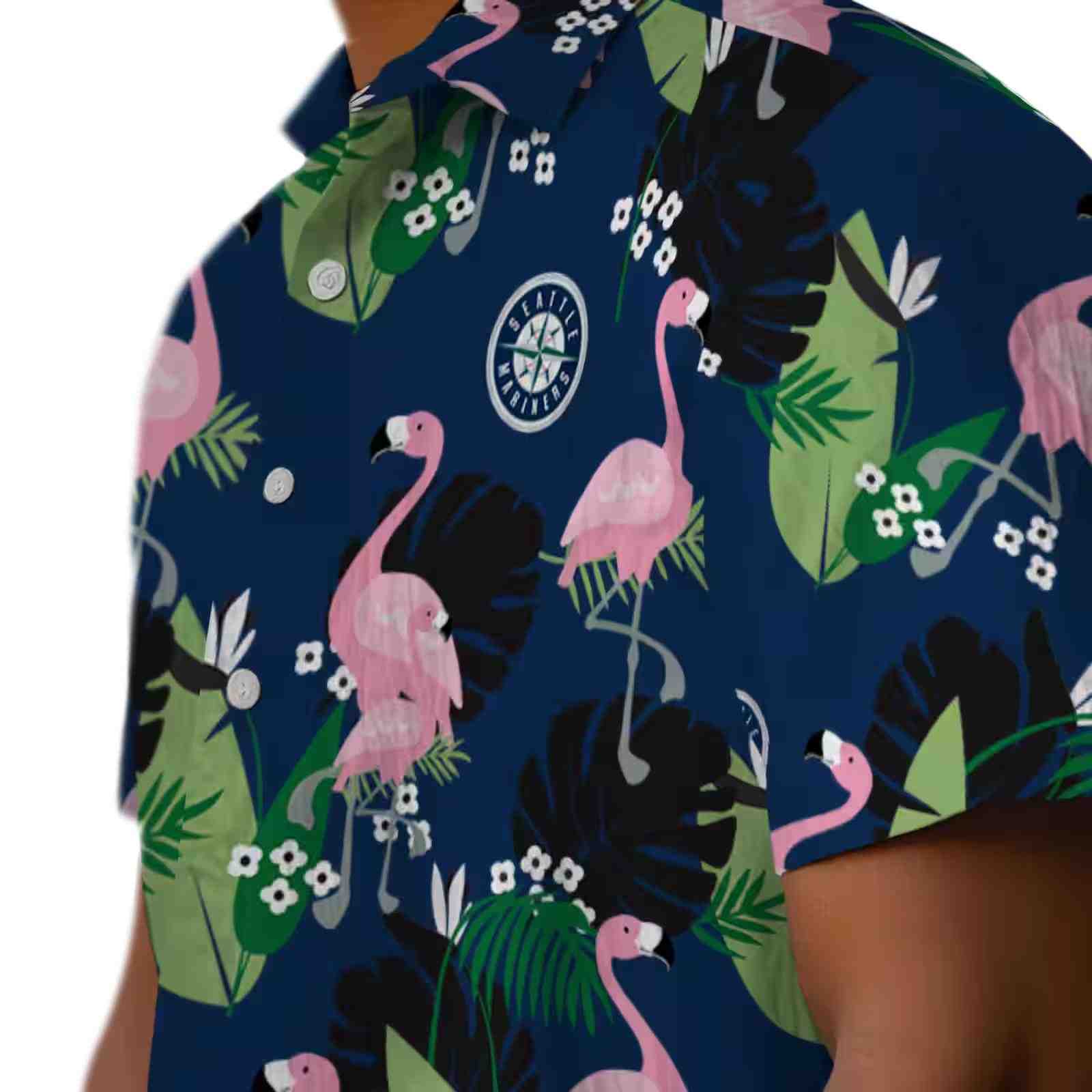 seattle mariners flamingo leaf motif navy blue hawaiian shirt trendy