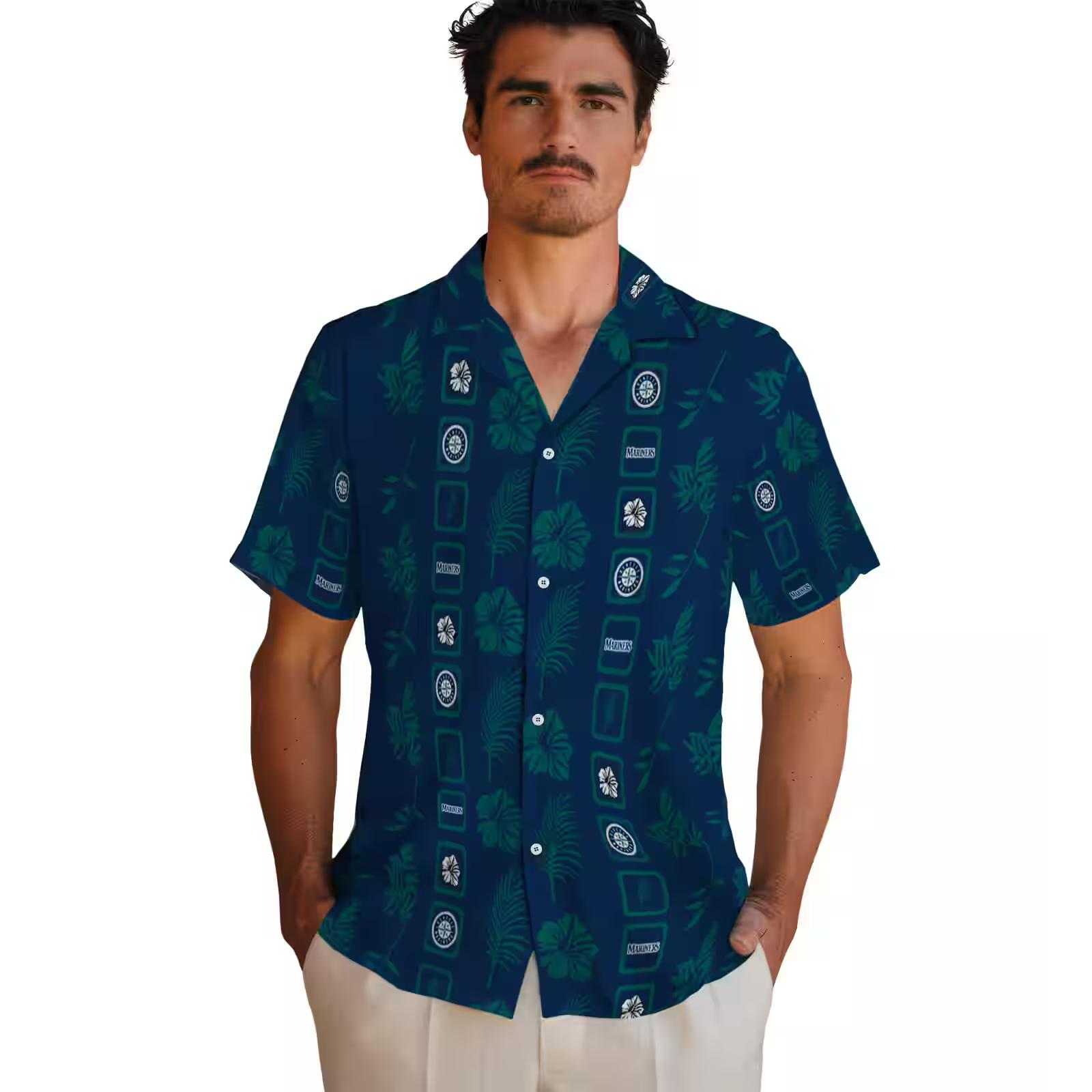 seattle mariners framed floral navy blue hawaiian shirt fashion forward