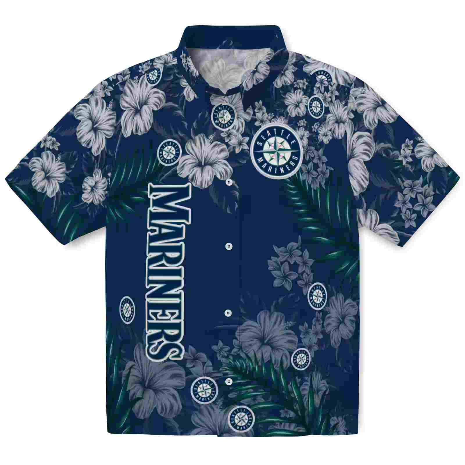 seattle mariners hibiscus print navy blue hawaiian shirt best selling