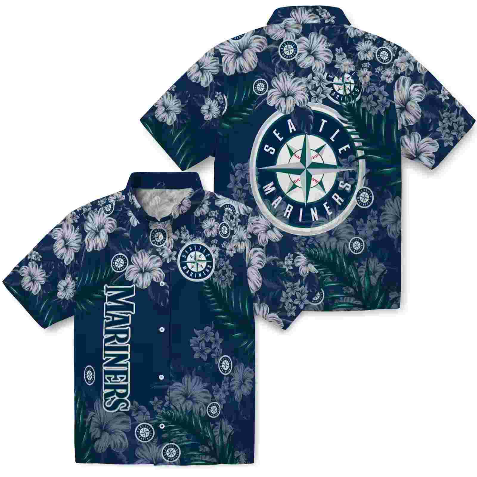 seattle mariners hibiscus print navy blue hawaiian shirt high quality