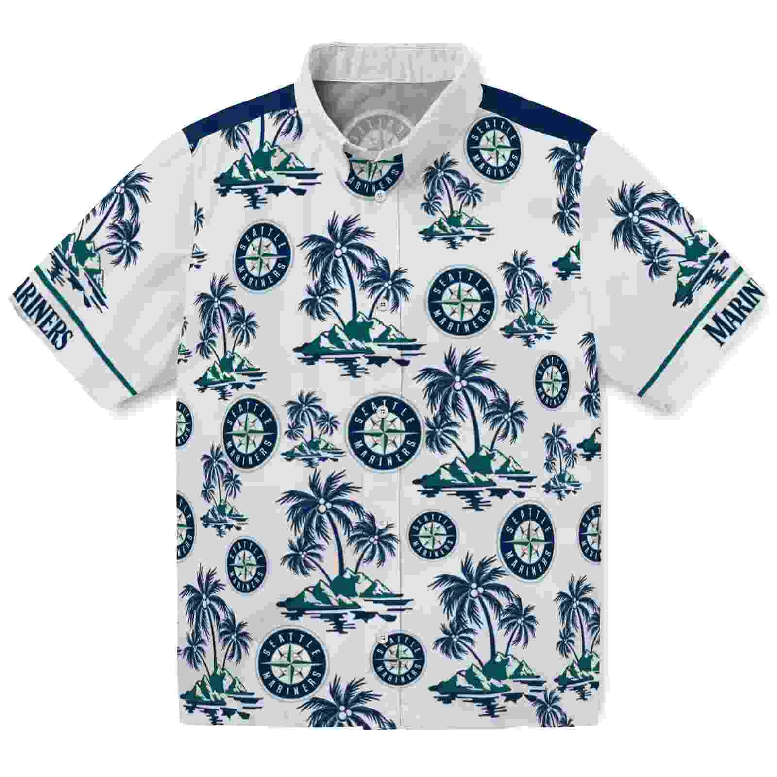 seattle mariners palm island print navy blue white hawaiian shirt best selling