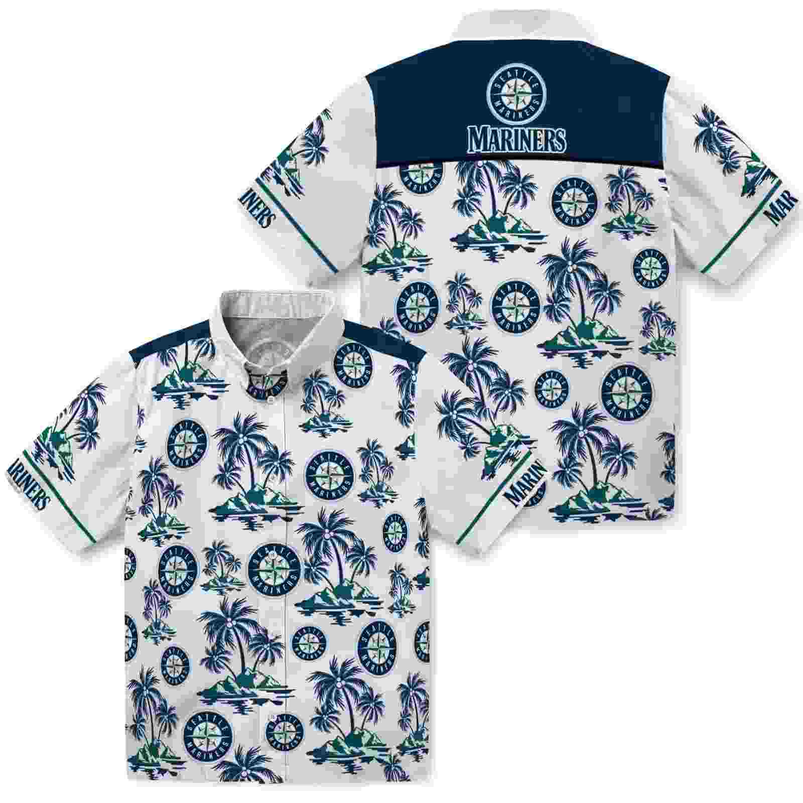 seattle mariners palm island print navy blue white hawaiian shirt high quality