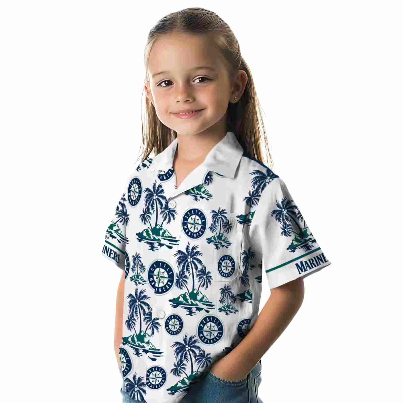 seattle mariners palm island print navy blue white hawaiian shirt premium grade