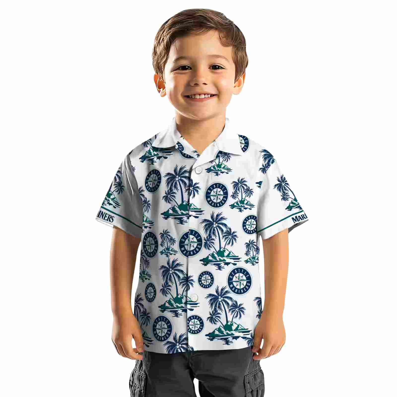 seattle mariners palm island print navy blue white hawaiian shirt top rated