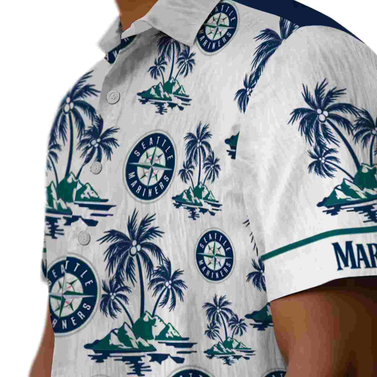 seattle mariners palm island print navy blue white hawaiian shirt trendy