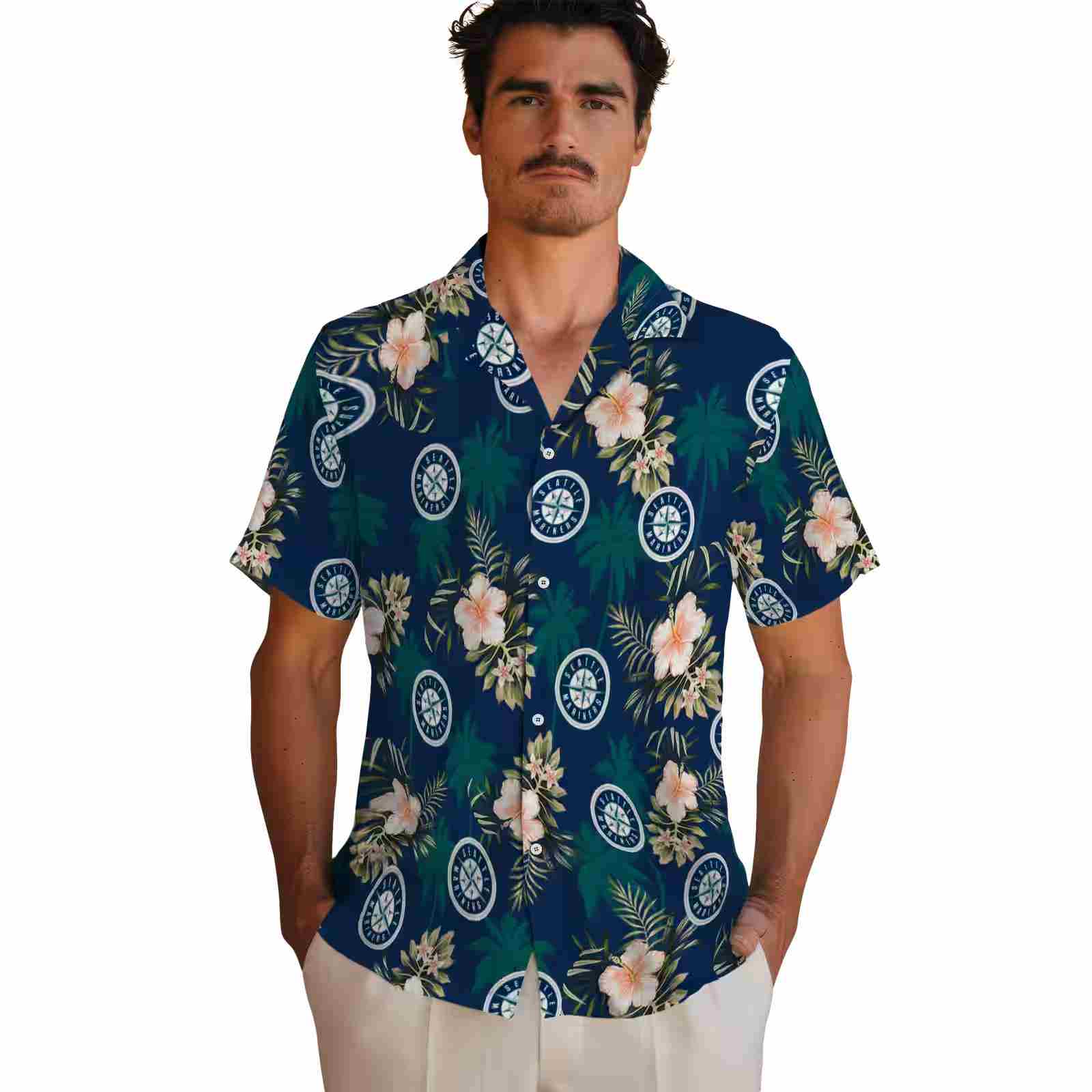 seattle mariners palm tree flower navy blue hawaiian shirt fashion forward