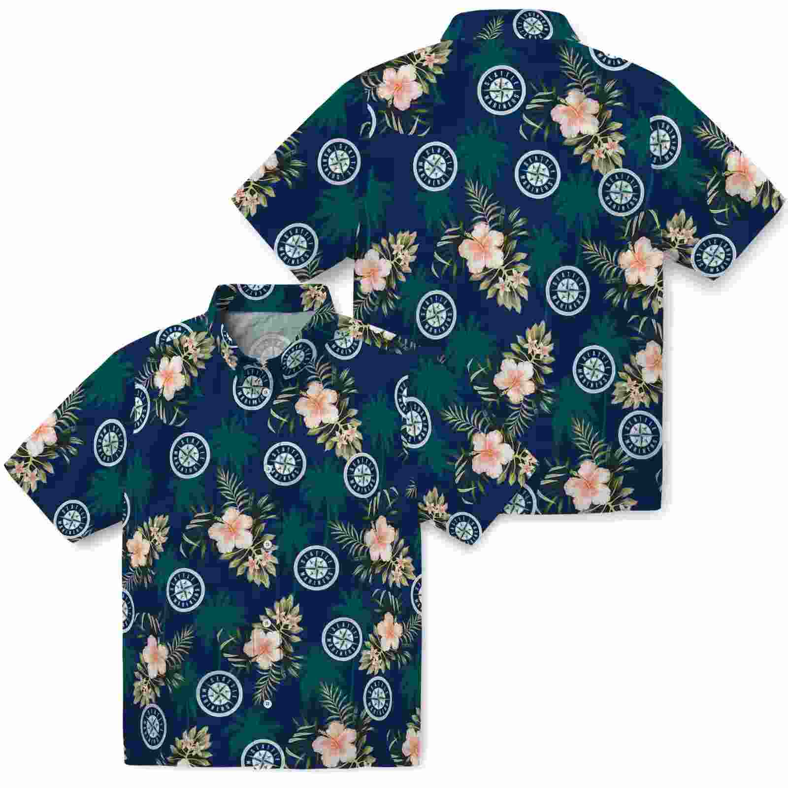 seattle mariners palm tree flower navy blue hawaiian shirt high quality