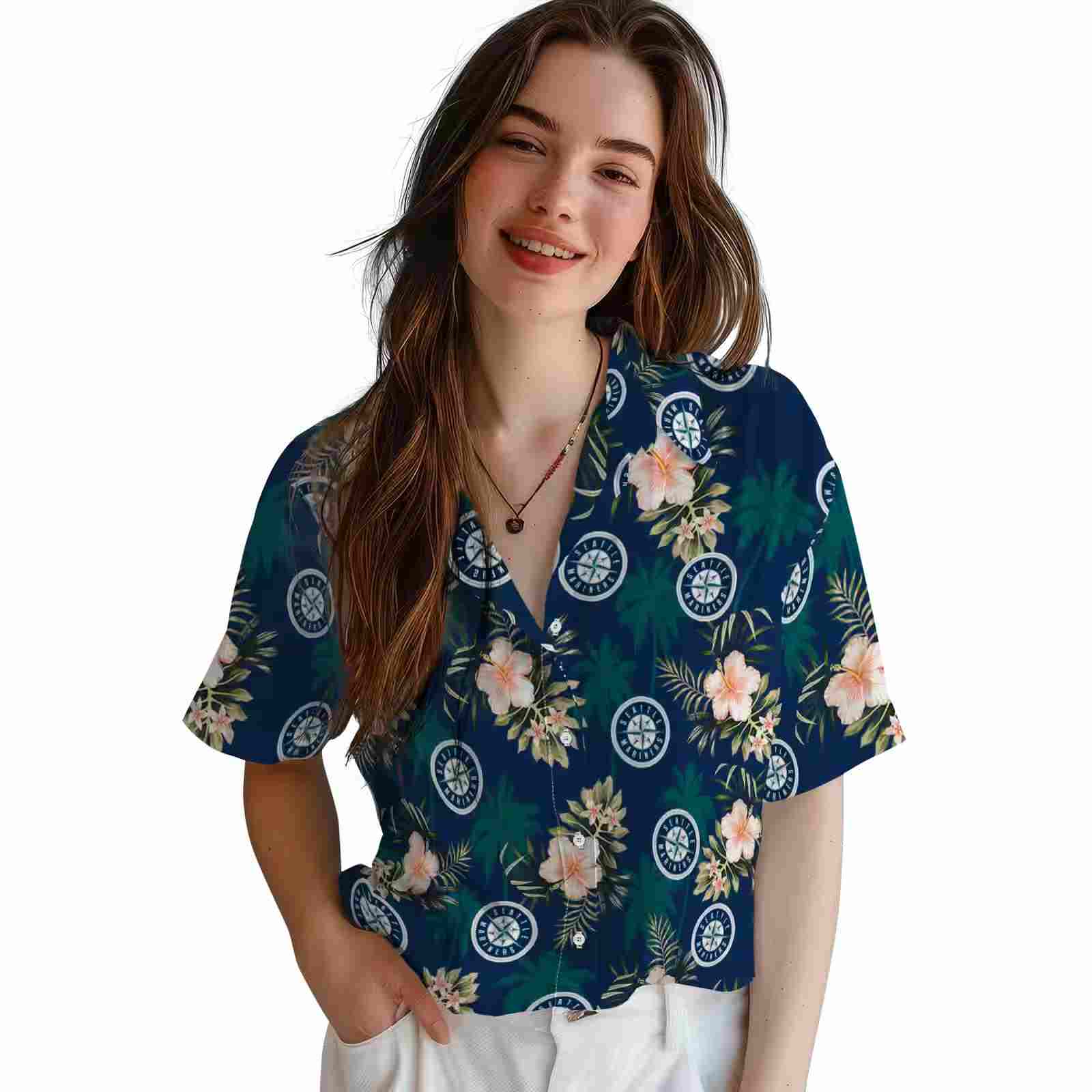 seattle mariners palm tree flower navy blue hawaiian shirt latest model