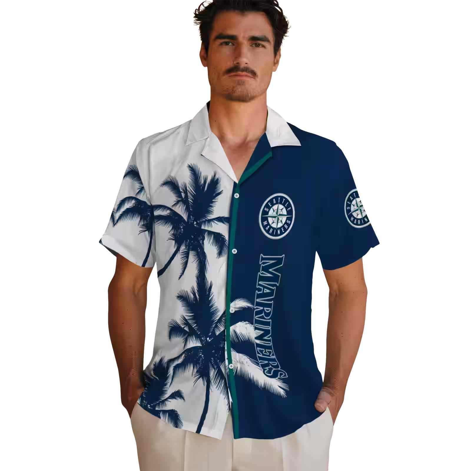 seattle mariners palm trees navy blue white hawaiian shirt fashion forward