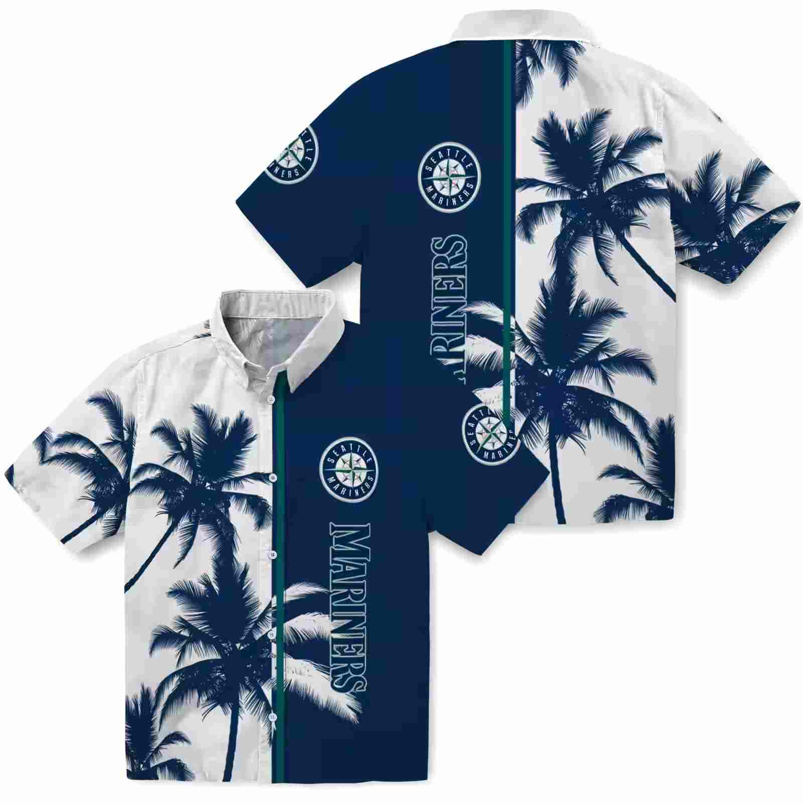 seattle mariners palm trees navy blue white hawaiian shirt high quality