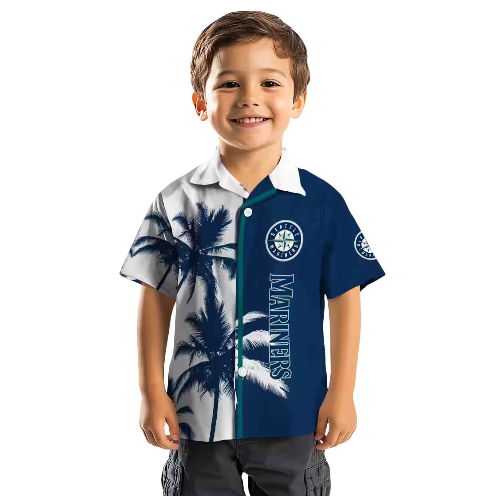 seattle mariners palm trees navy blue white hawaiian shirt top rated