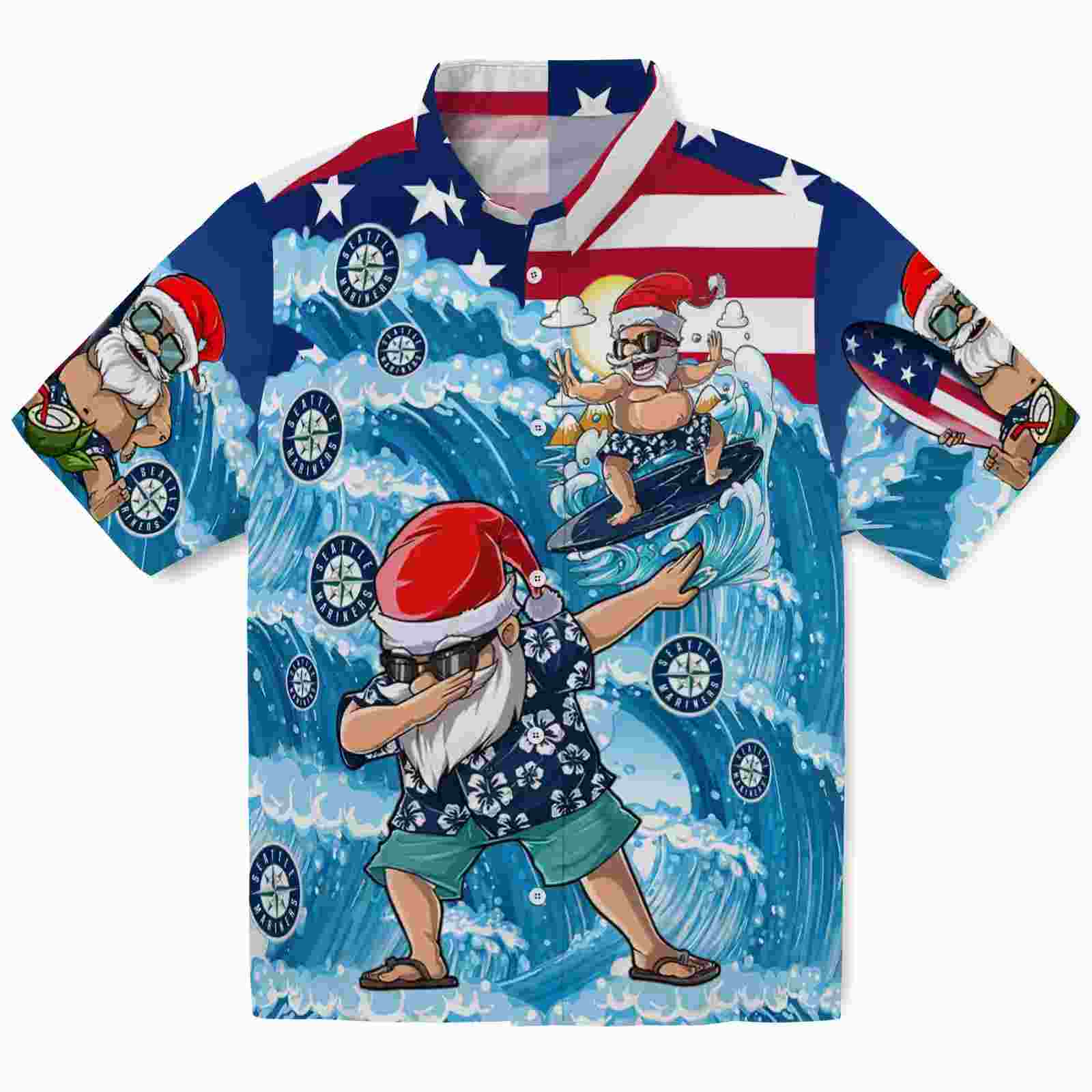 Seattle Mariners Surfing Santa Blue Hawaiian Shirt