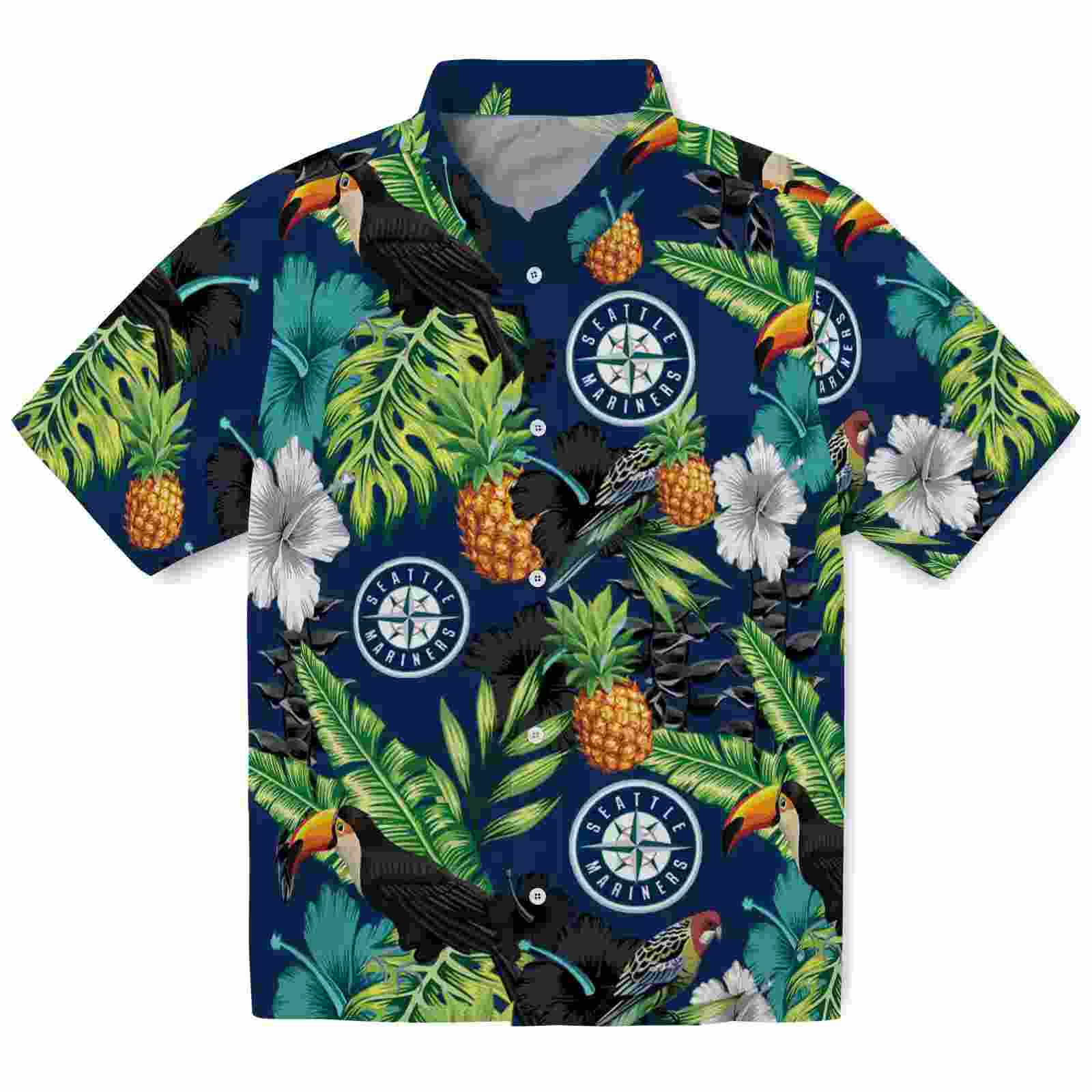 seattle mariners toucan hibiscus pineapple navy blue green hawaiian shirt best selling