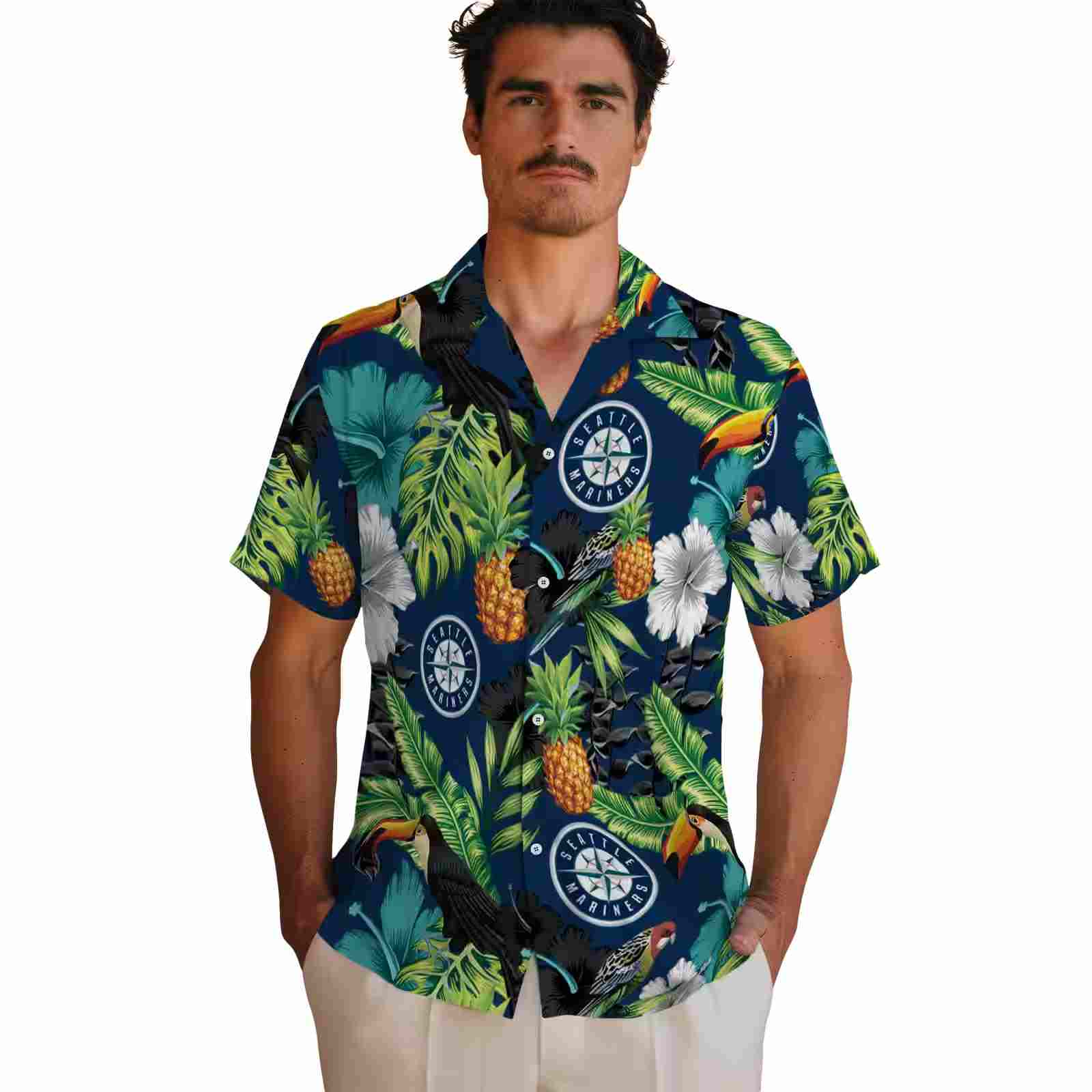 seattle mariners toucan hibiscus pineapple navy blue green hawaiian shirt fashion forward