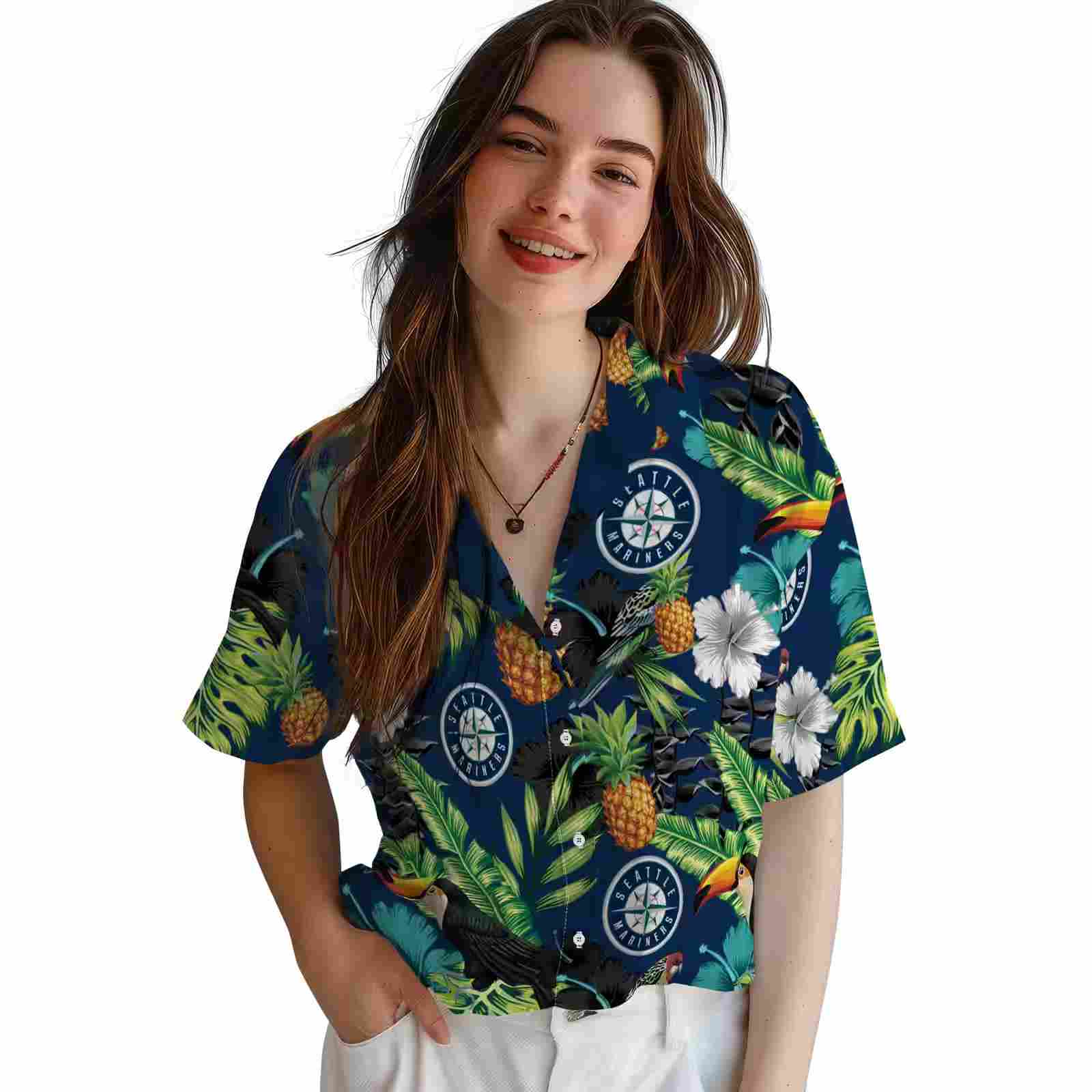 seattle mariners toucan hibiscus pineapple navy blue green hawaiian shirt latest model