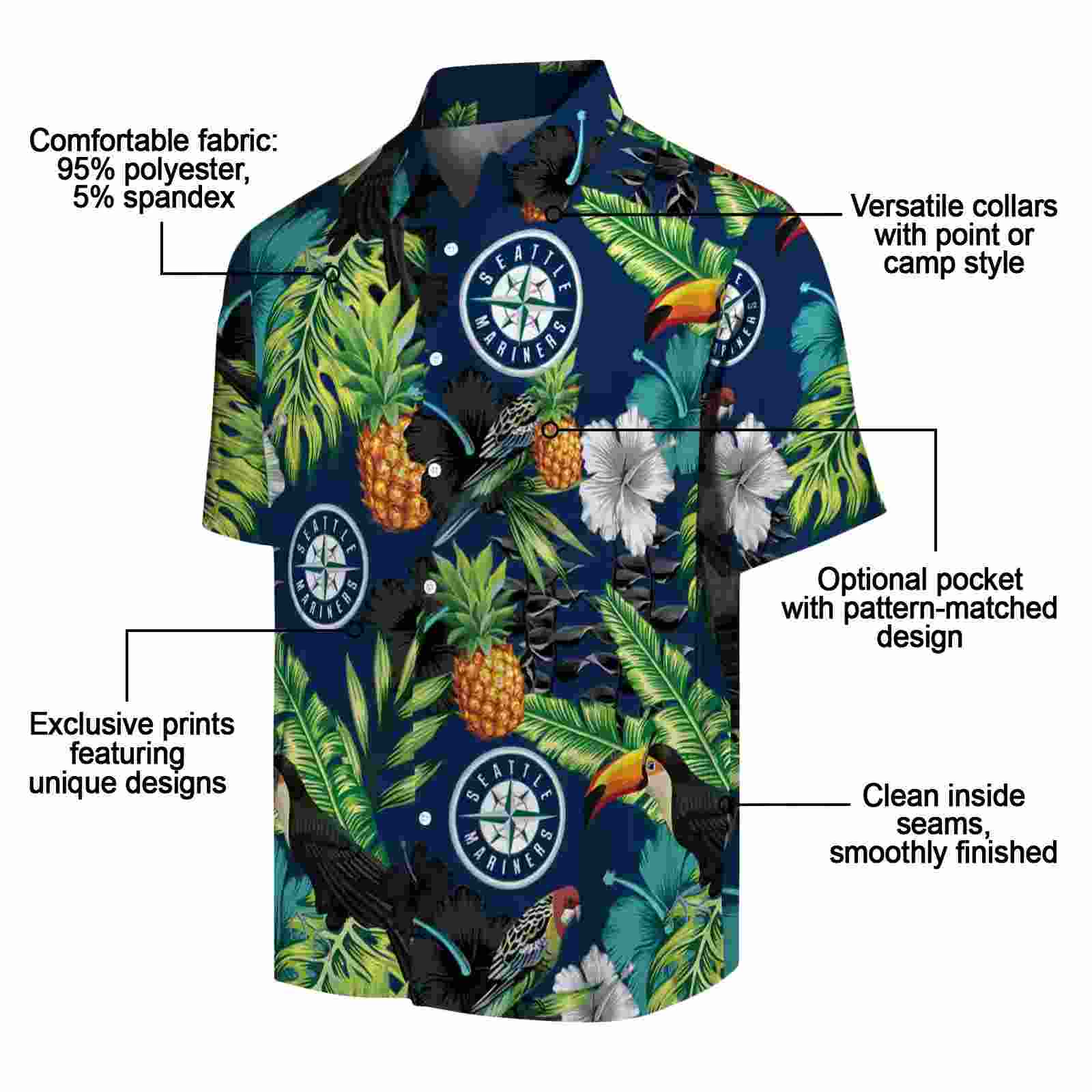 seattle mariners toucan hibiscus pineapple navy blue green hawaiian shirt new arrival