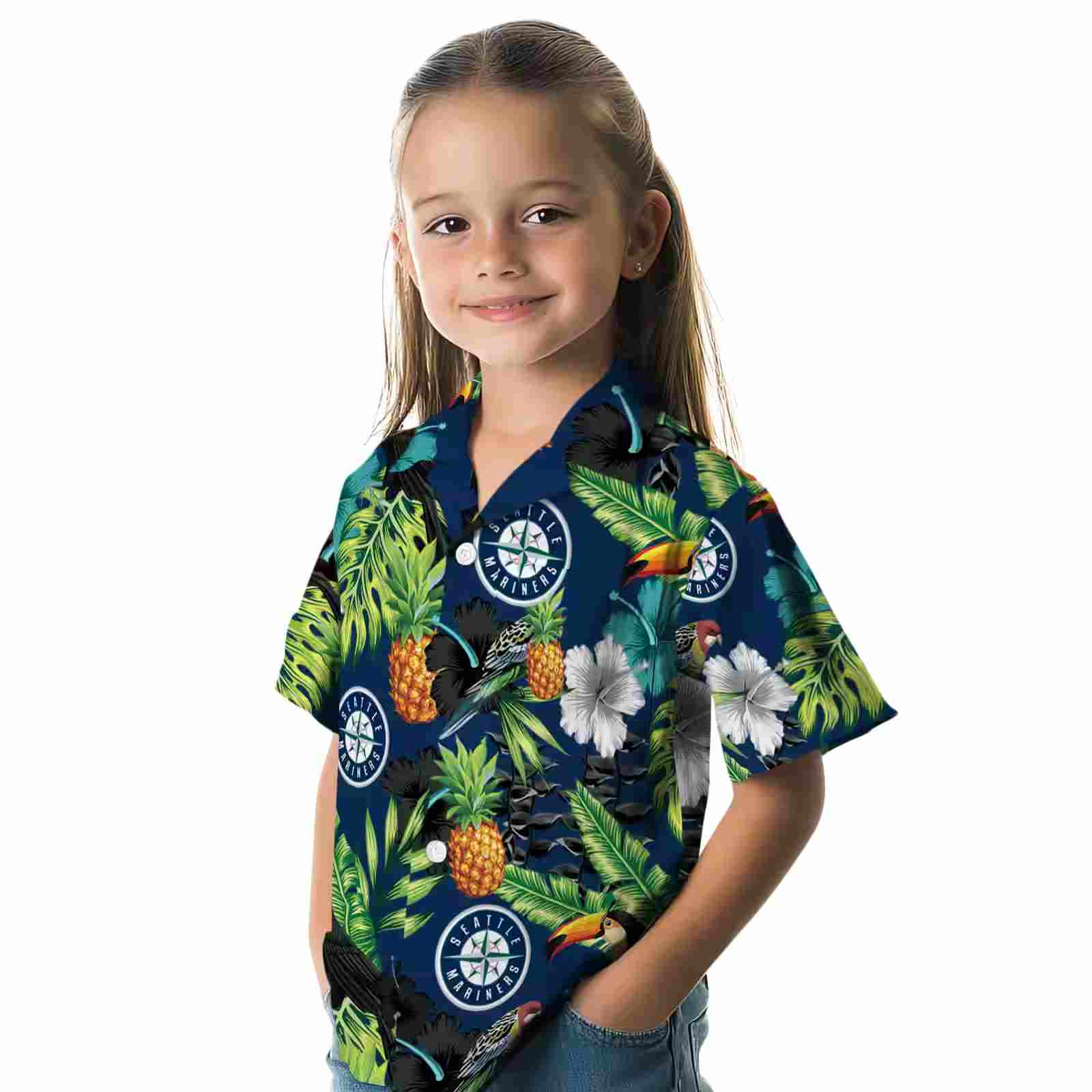 seattle mariners toucan hibiscus pineapple navy blue green hawaiian shirt premium grade