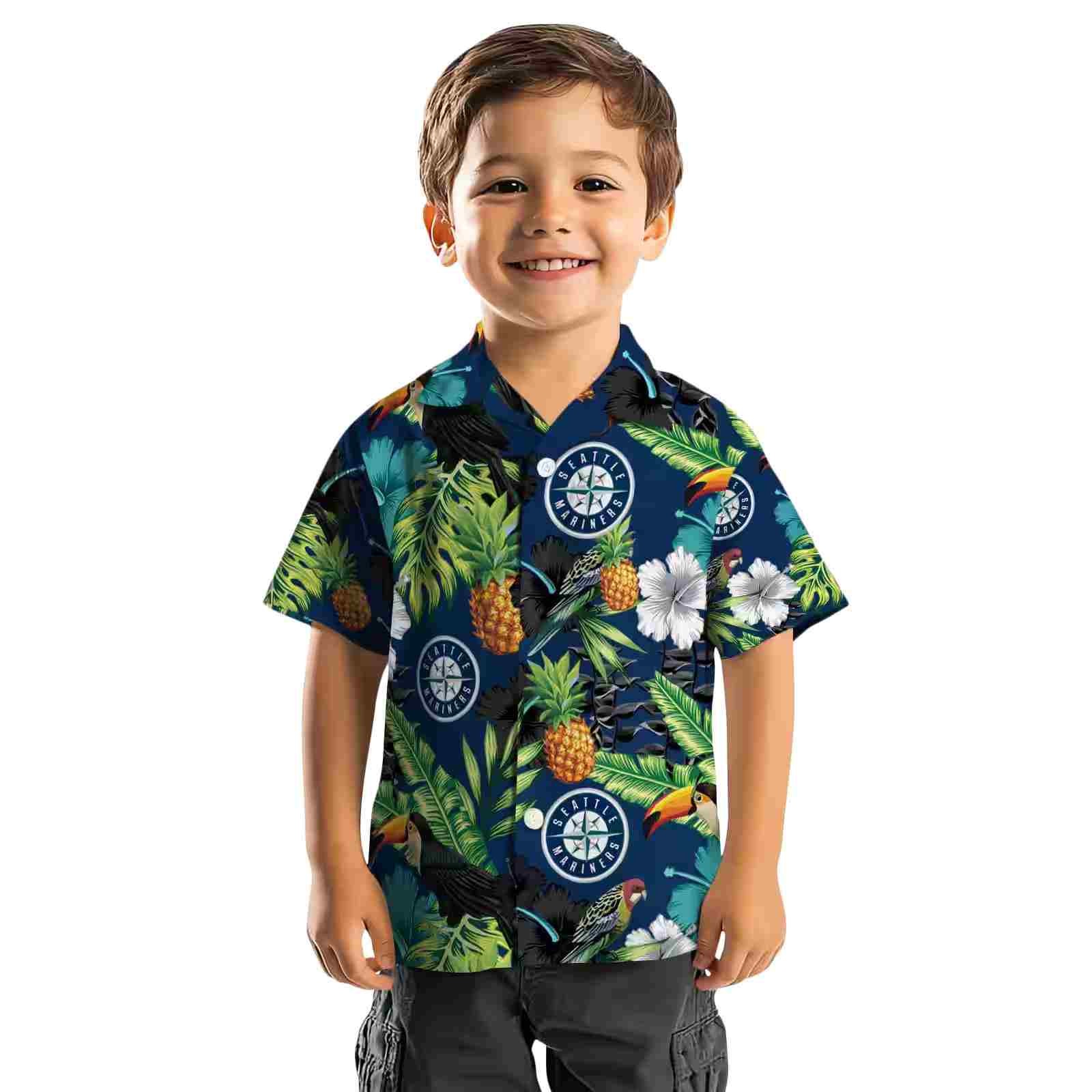 seattle mariners toucan hibiscus pineapple navy blue green hawaiian shirt top rated