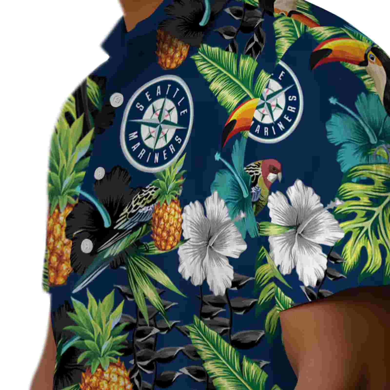 seattle mariners toucan hibiscus pineapple navy blue green hawaiian shirt trendy