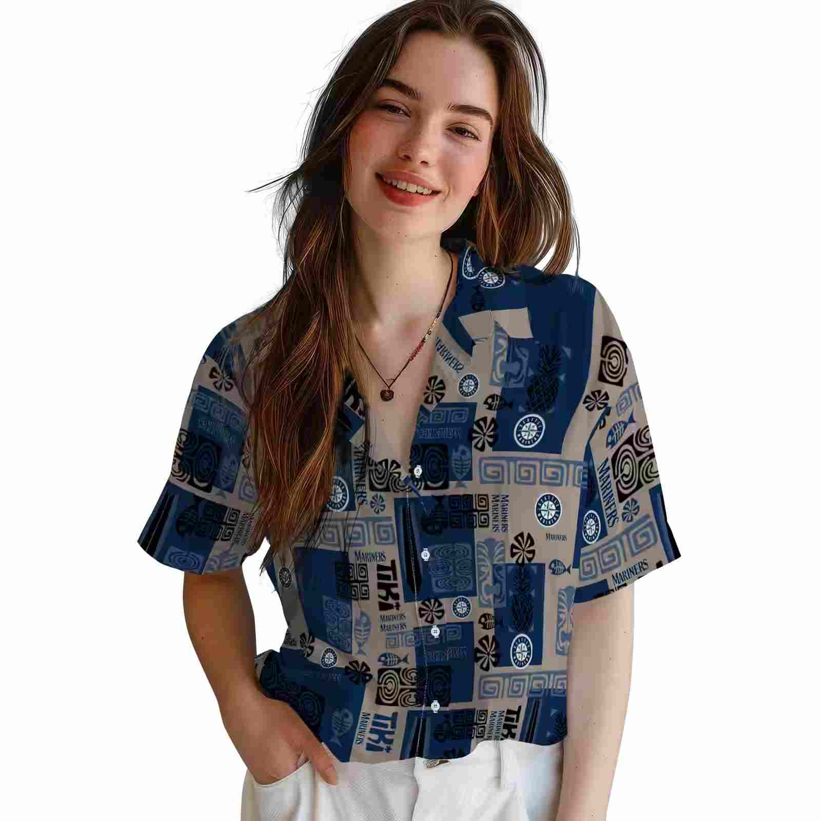 seattle mariners tribal symbols navy blue hawaiian shirt latest model