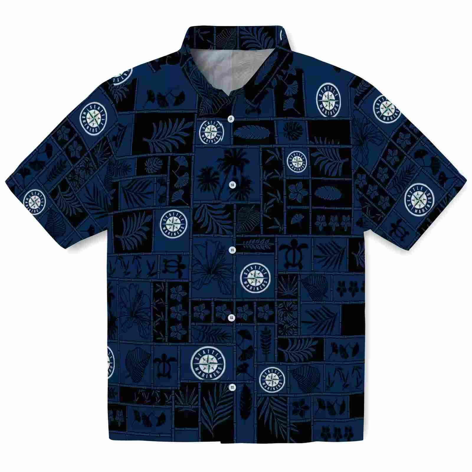 Seattle Mariners Tropical Patchwork Navy Blue Black Hawaiian Shirt