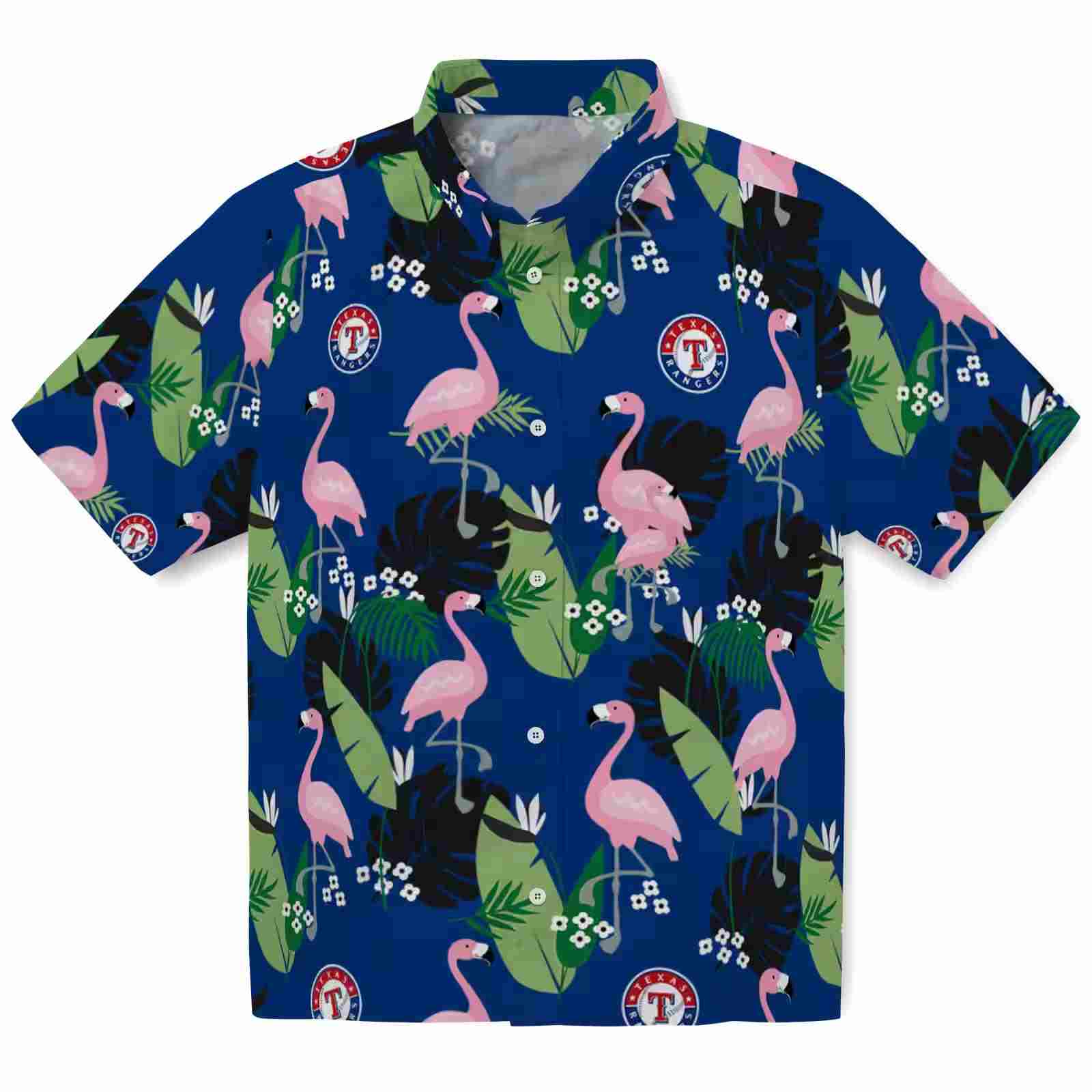 texas rangers flamingo leaf motif blue hawaiian shirt best selling