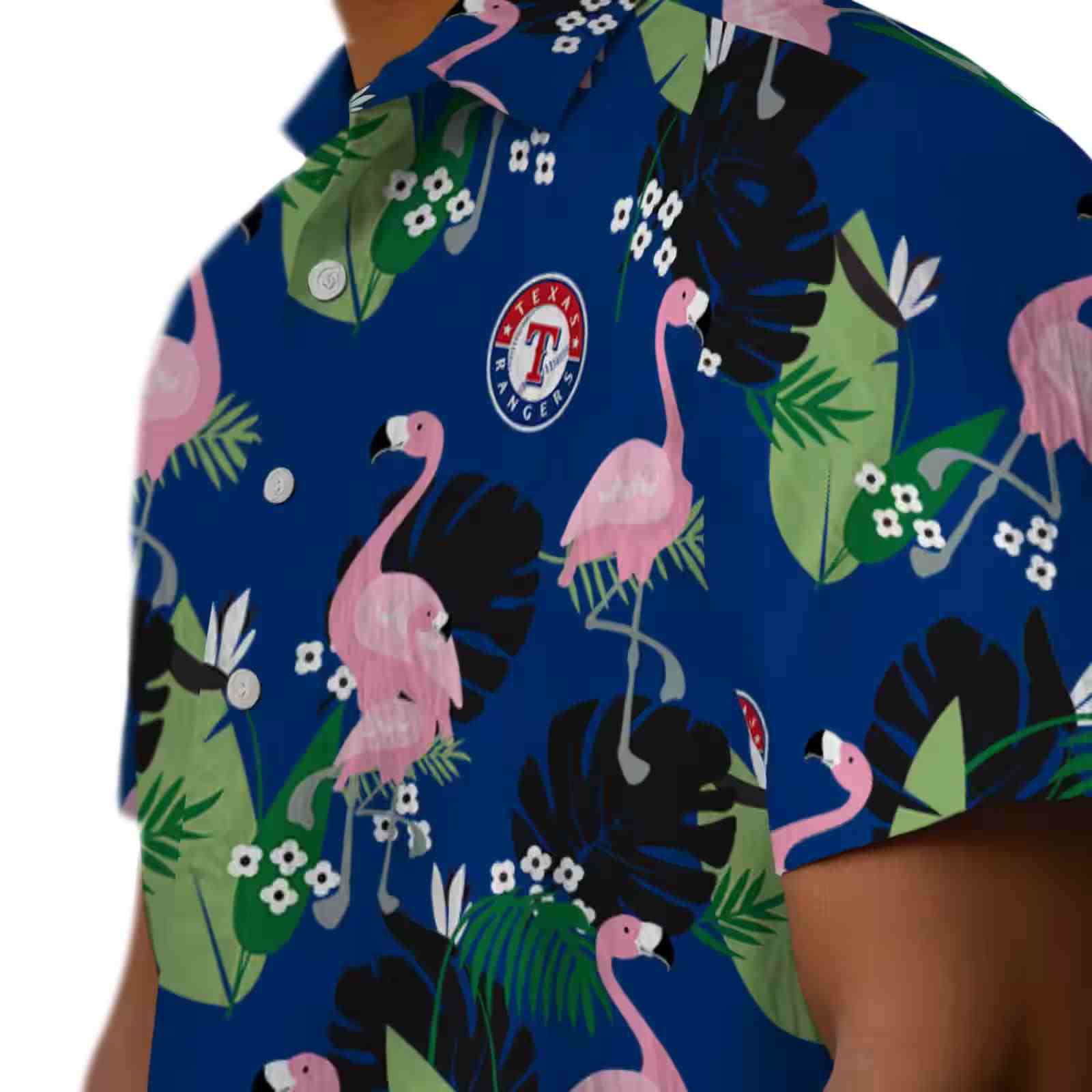 texas rangers flamingo leaf motif blue hawaiian shirt trendy