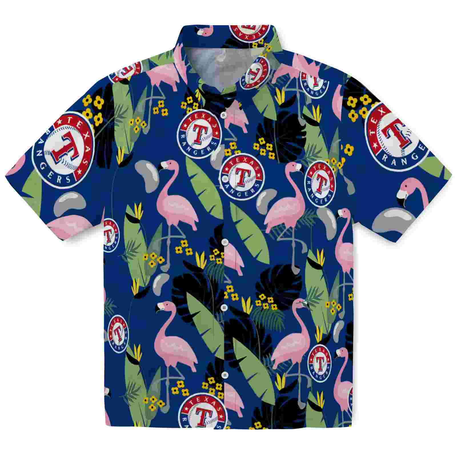 Texas Rangers Flamingo Leaves Blue Hawaiian Shirt