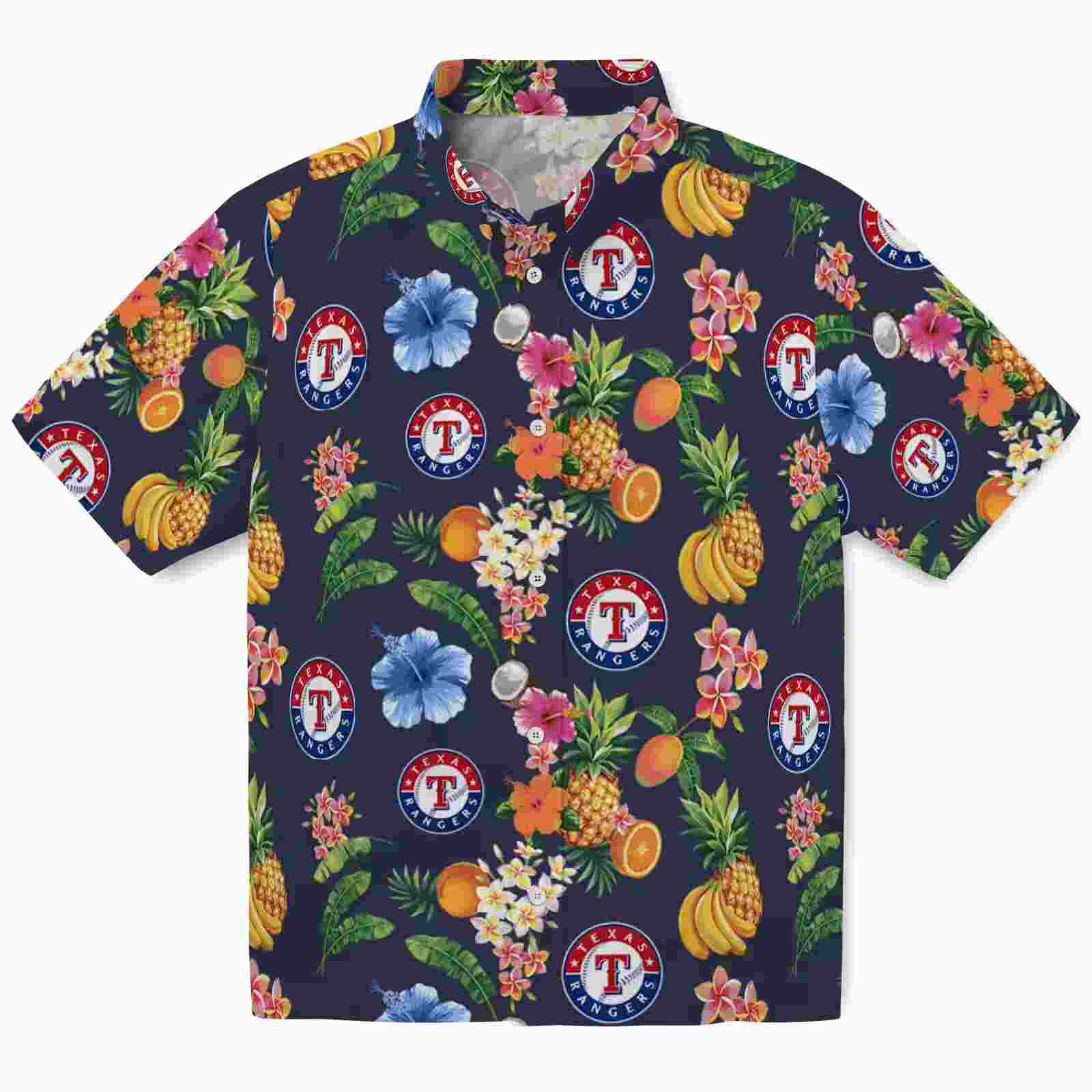 Texas Rangers Hibiscus And Fruit Navy Blue Hawaiian Shirt