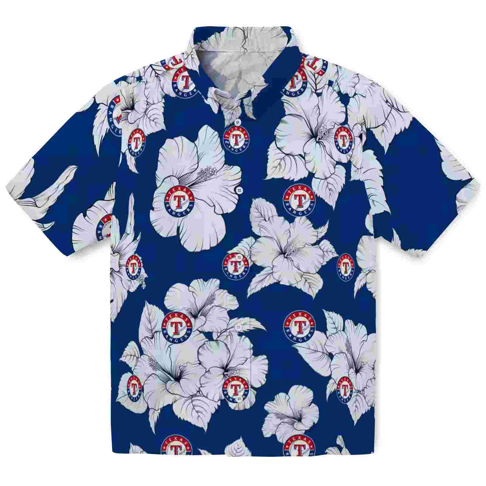 Texas Rangers Hibiscus Blooms Blue White Hawaiian Shirt