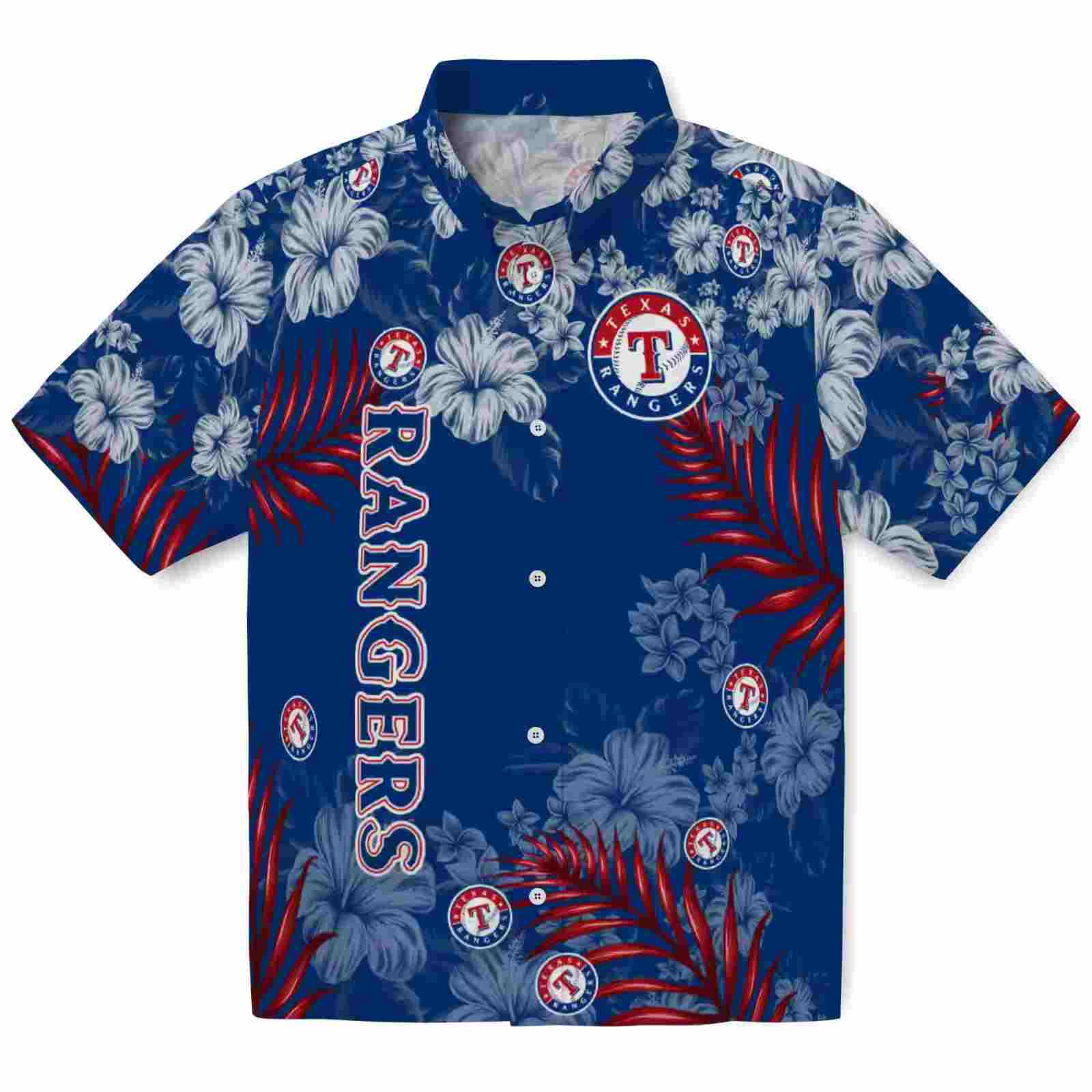 Texas Rangers Hibiscus Print Blue Hawaiian Shirt